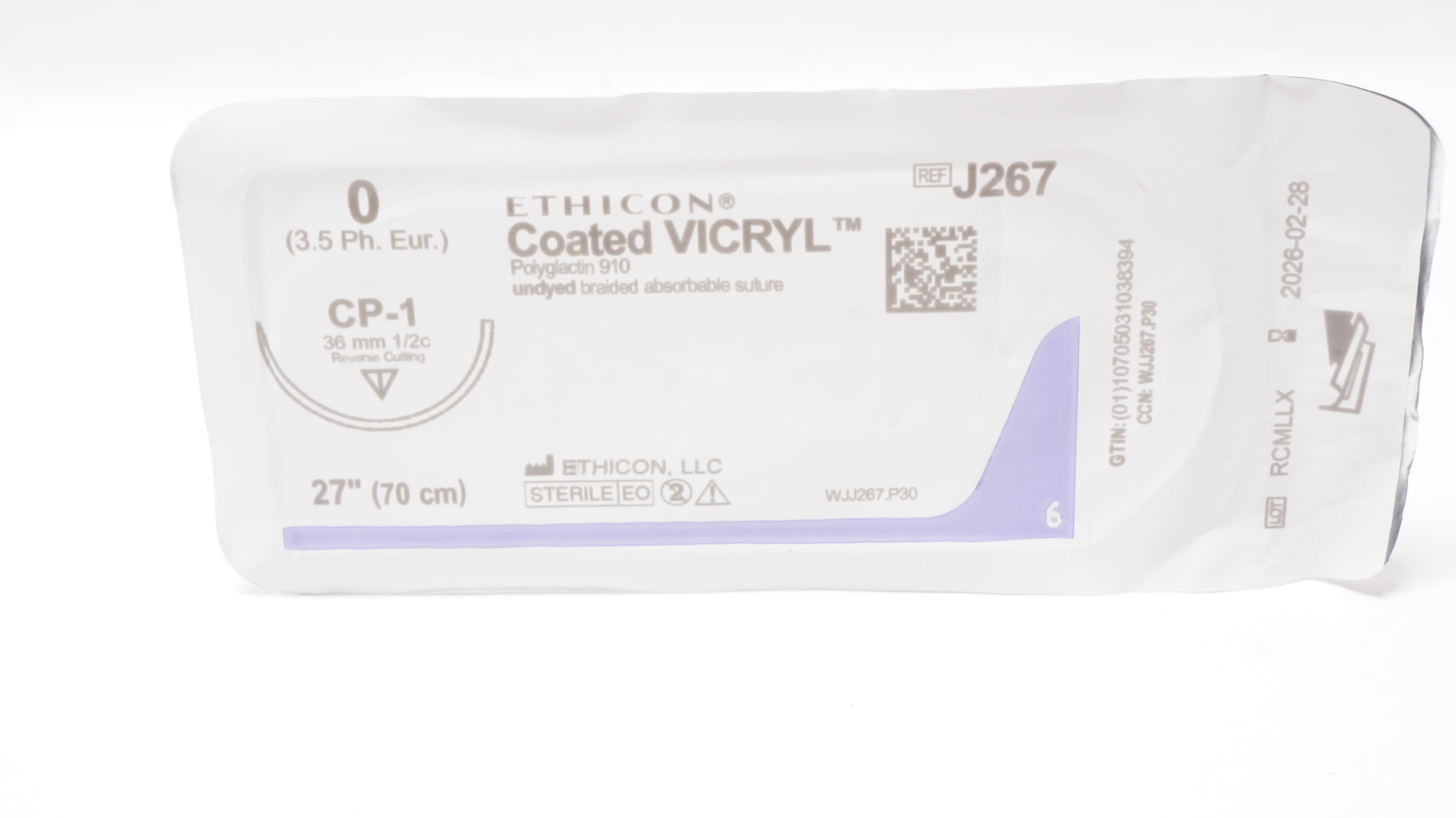 Ethicon J267 0 Coated VICRYL Stre CP-1 36mm 1/2c Reverse Cutting, 27inch