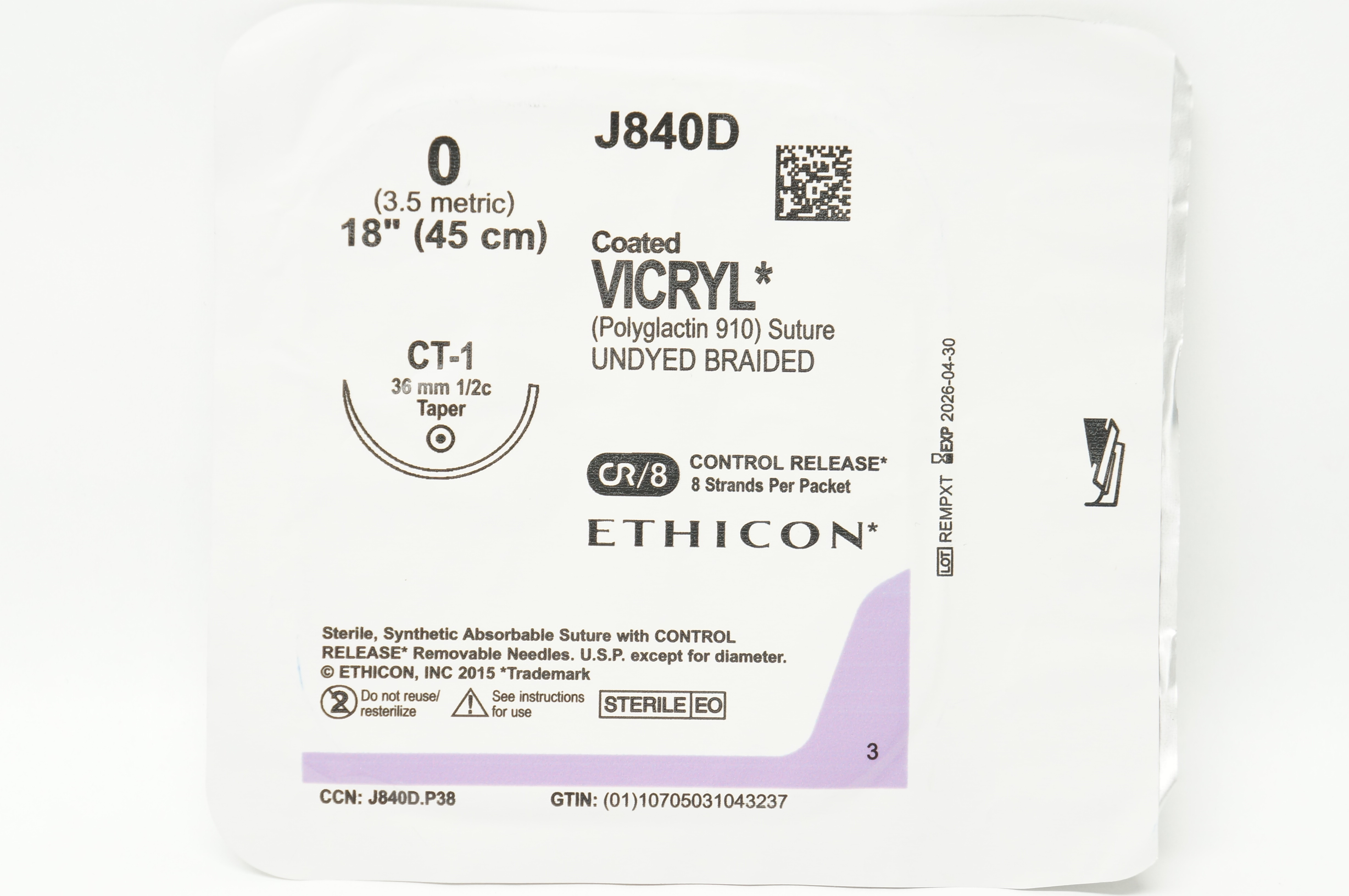 Ethicon J840D 0 Coated VICRYL Stre CT-1 36mm 1/2c Taper 18inch