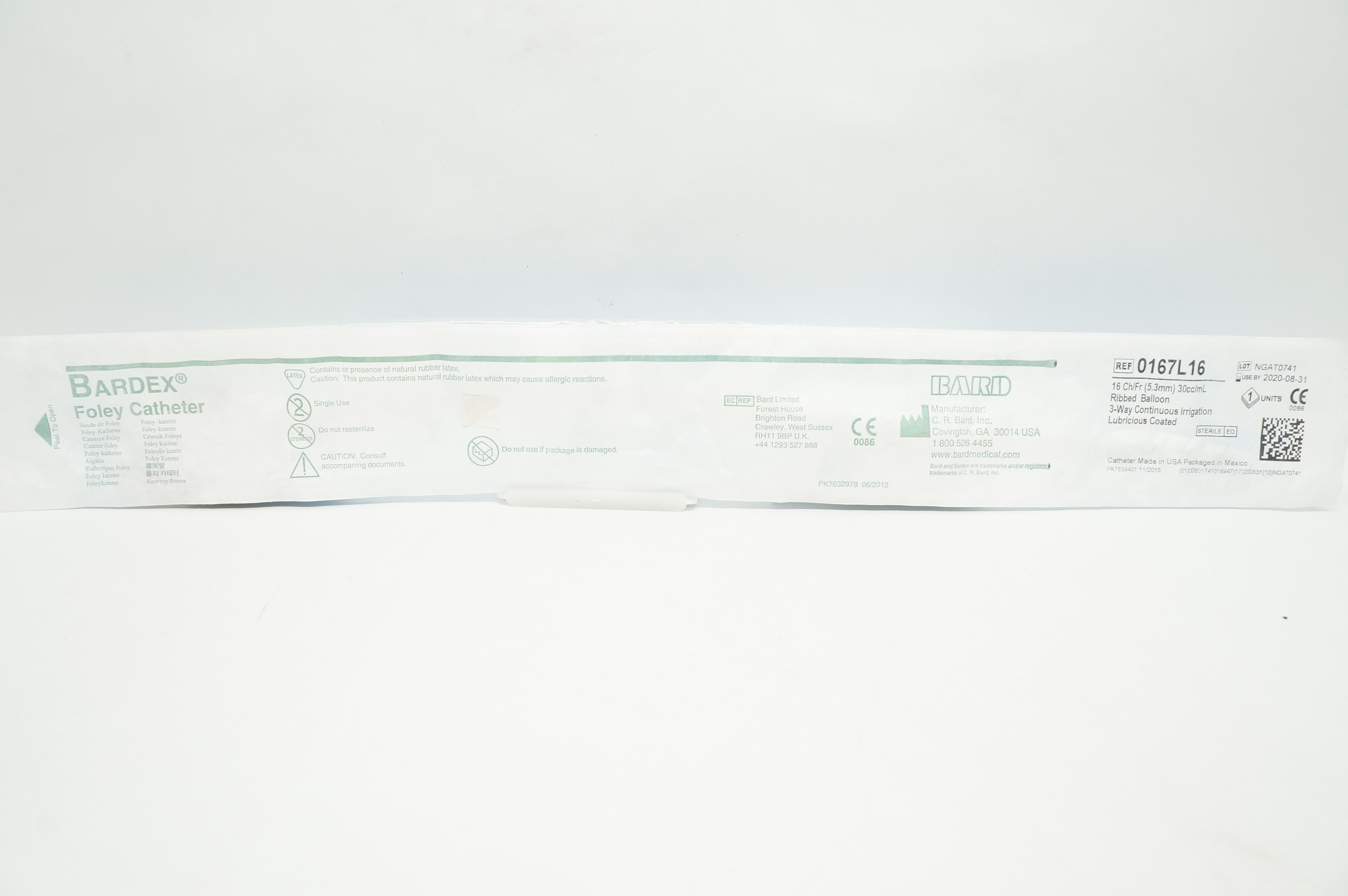 Bard 0167L16 Bardex Foley Catheter 16Fr 30cc Ribbed Balloon (x)