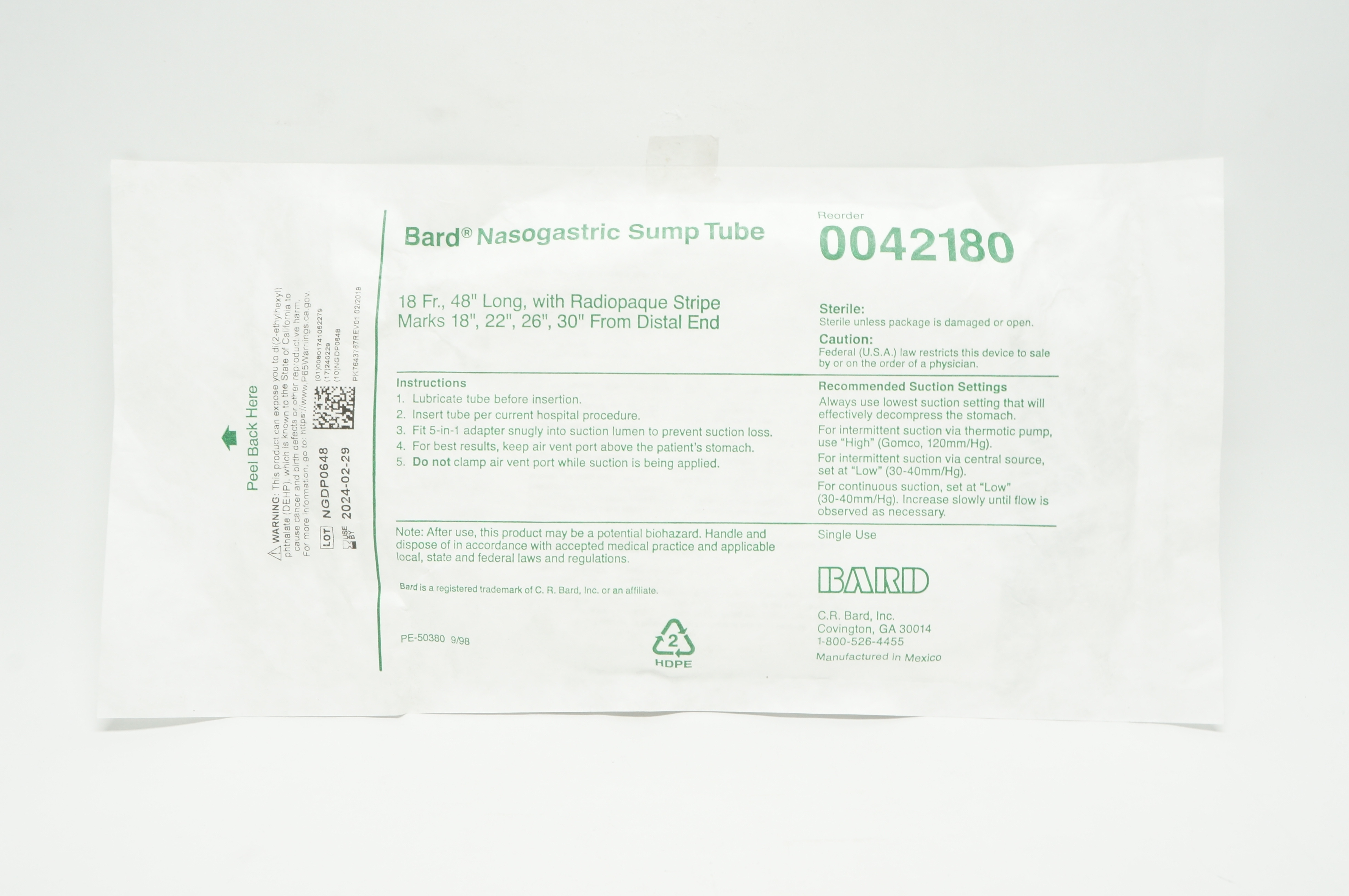 Bard 0042180 Nasogastric Sump Tube 18Fr x 48inch