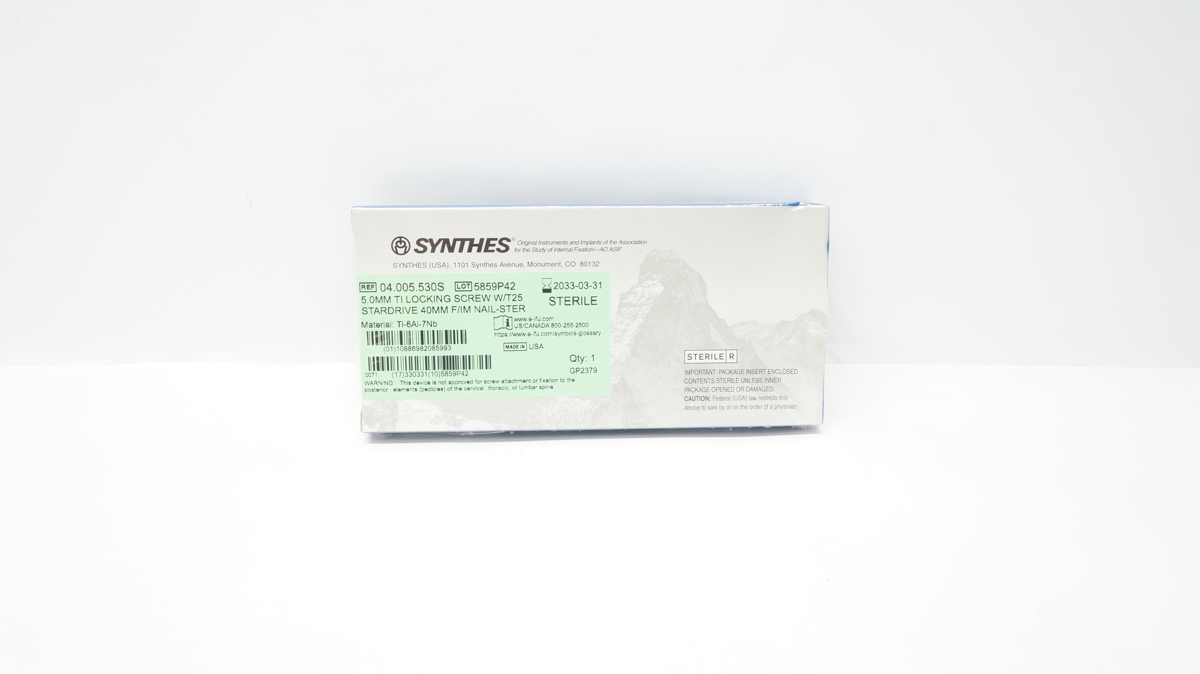 Synthes 04.005.530S TI T25 Stardrive Locking Screw 5.0mm x 40mm