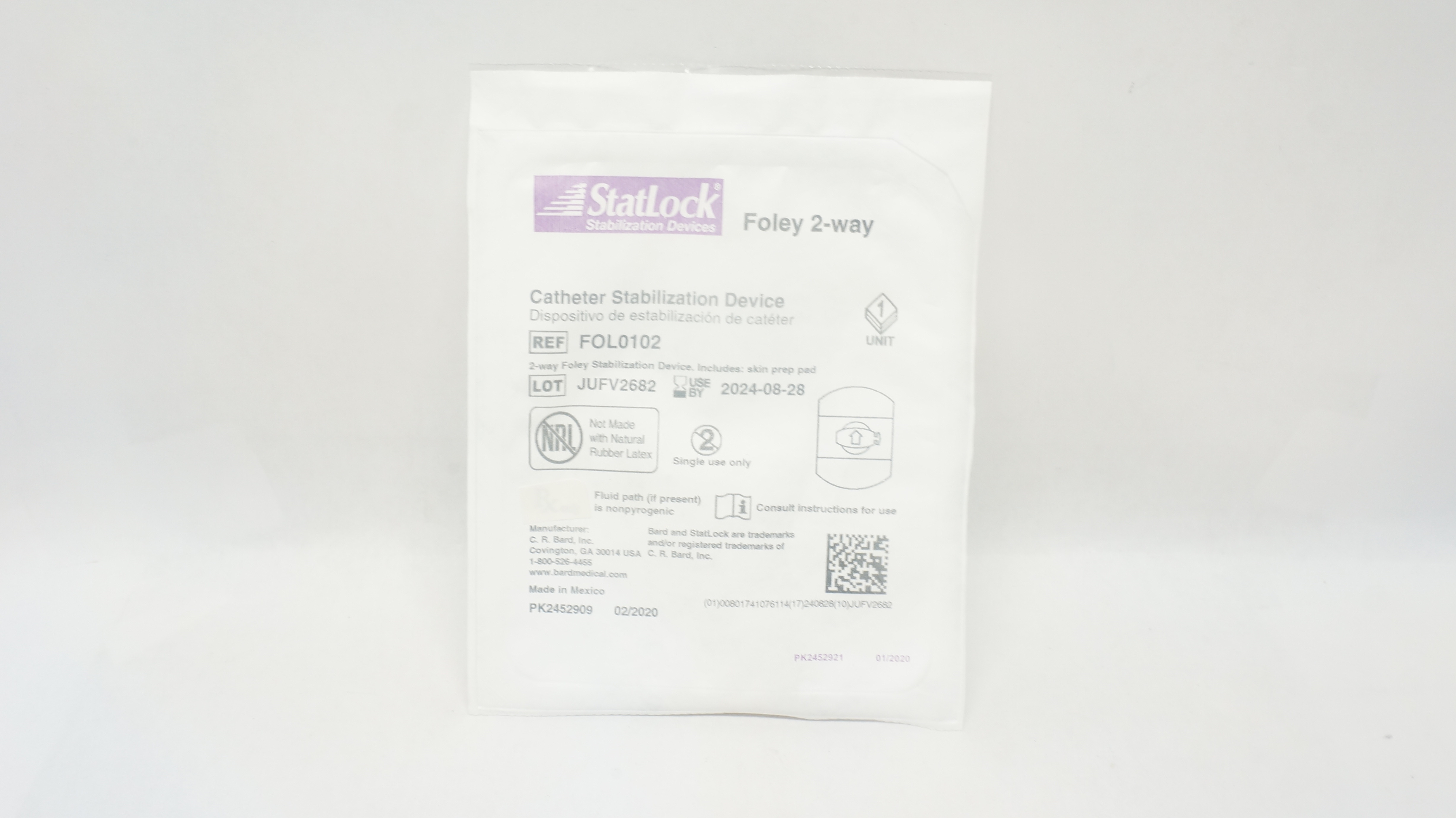 Bard FOL0102 Statlock Cath. Stabilization Device Foley 2-Way