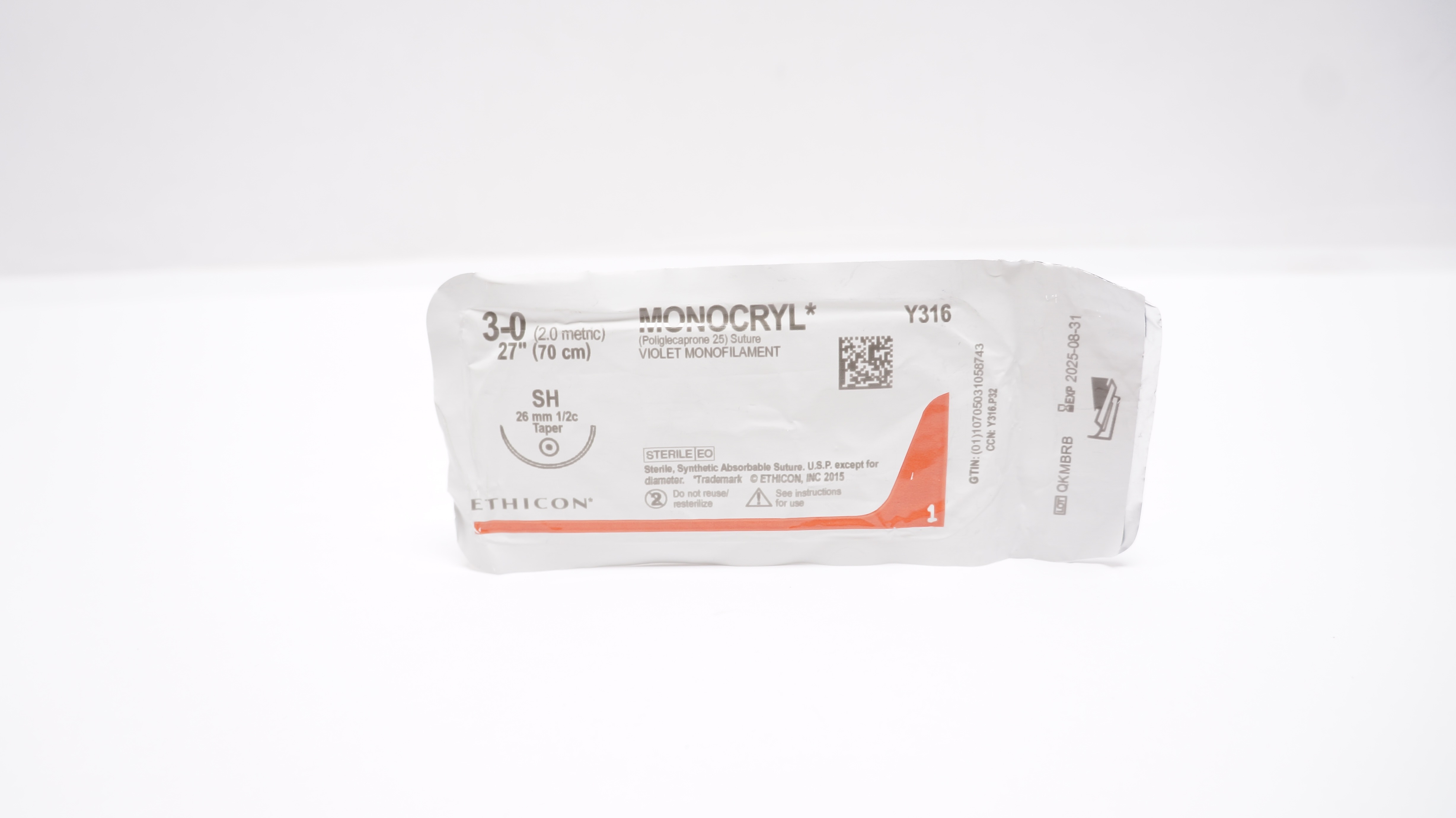 Ethicon Y316 3-0 MONOCRYL Violet Monofilament, SH, 26mm 1/2c Taper, 27inch