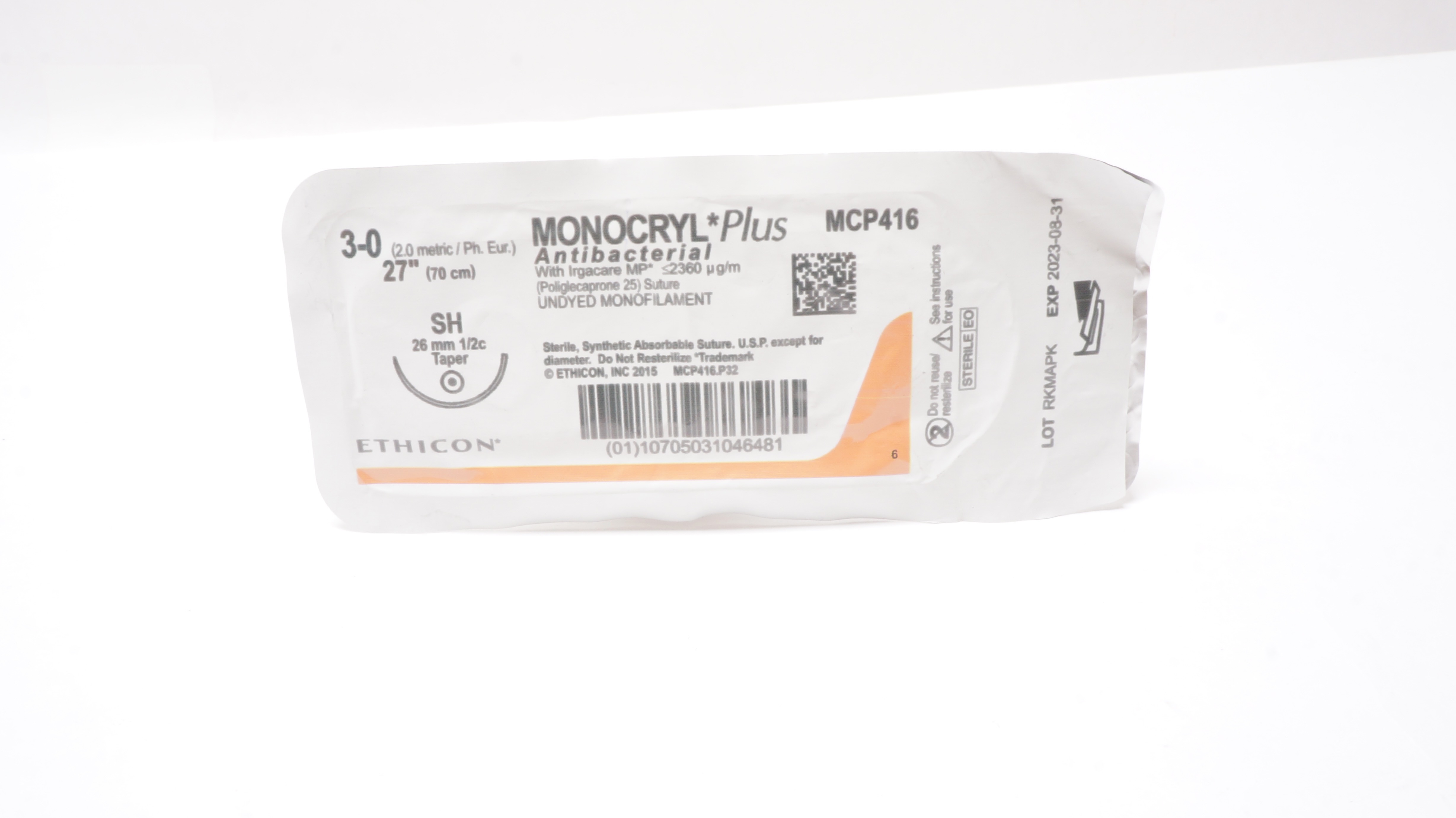 Ethicon MCP416 3-0 MONOCRYL Plus SH 26mm 1/2c Taper 27inch