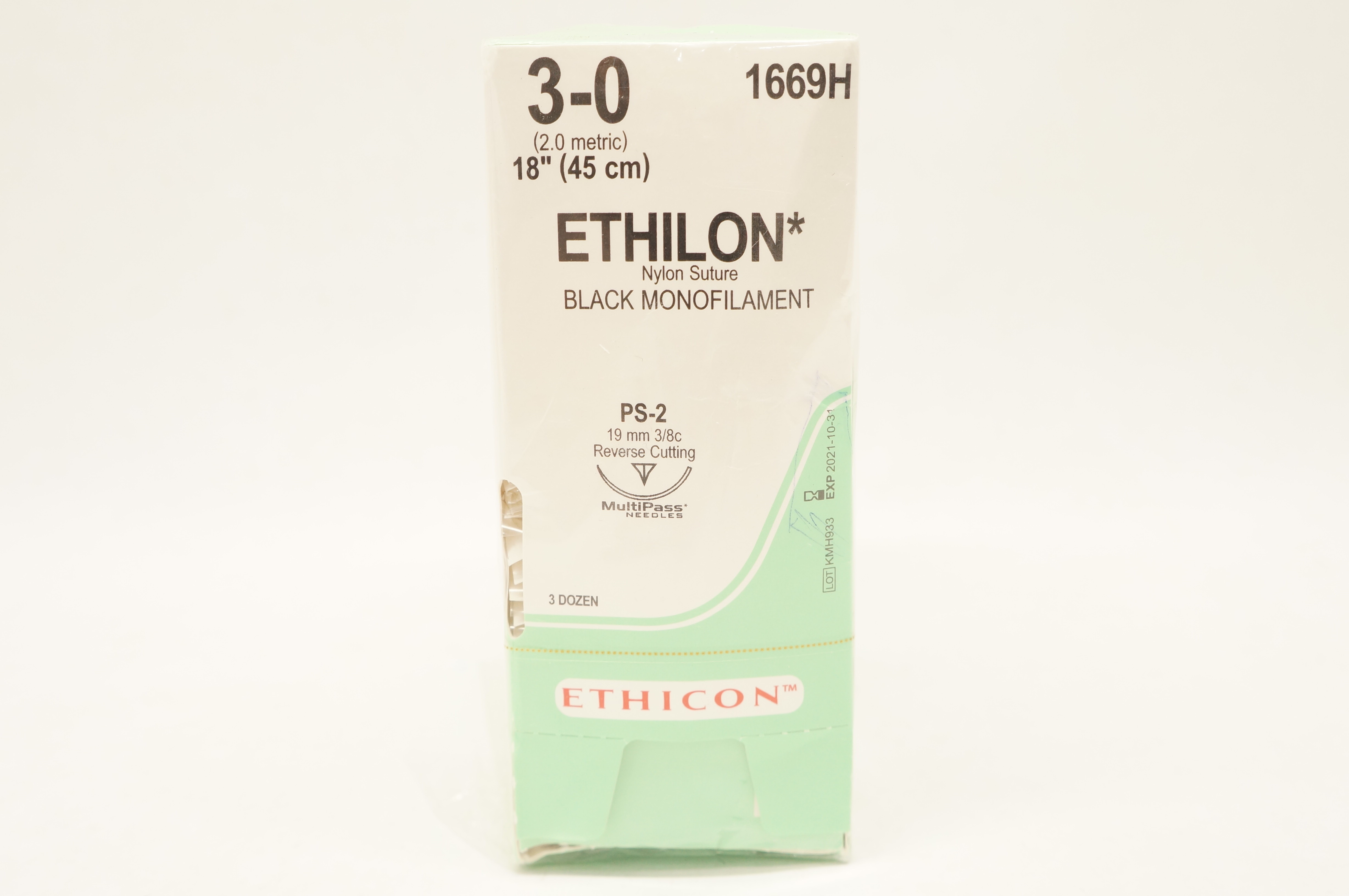 Ethicon 1669H 3-0 Ethilon PS-2 19mm 3/8c, Reverse Cutting,18inch (x) - Box of 36