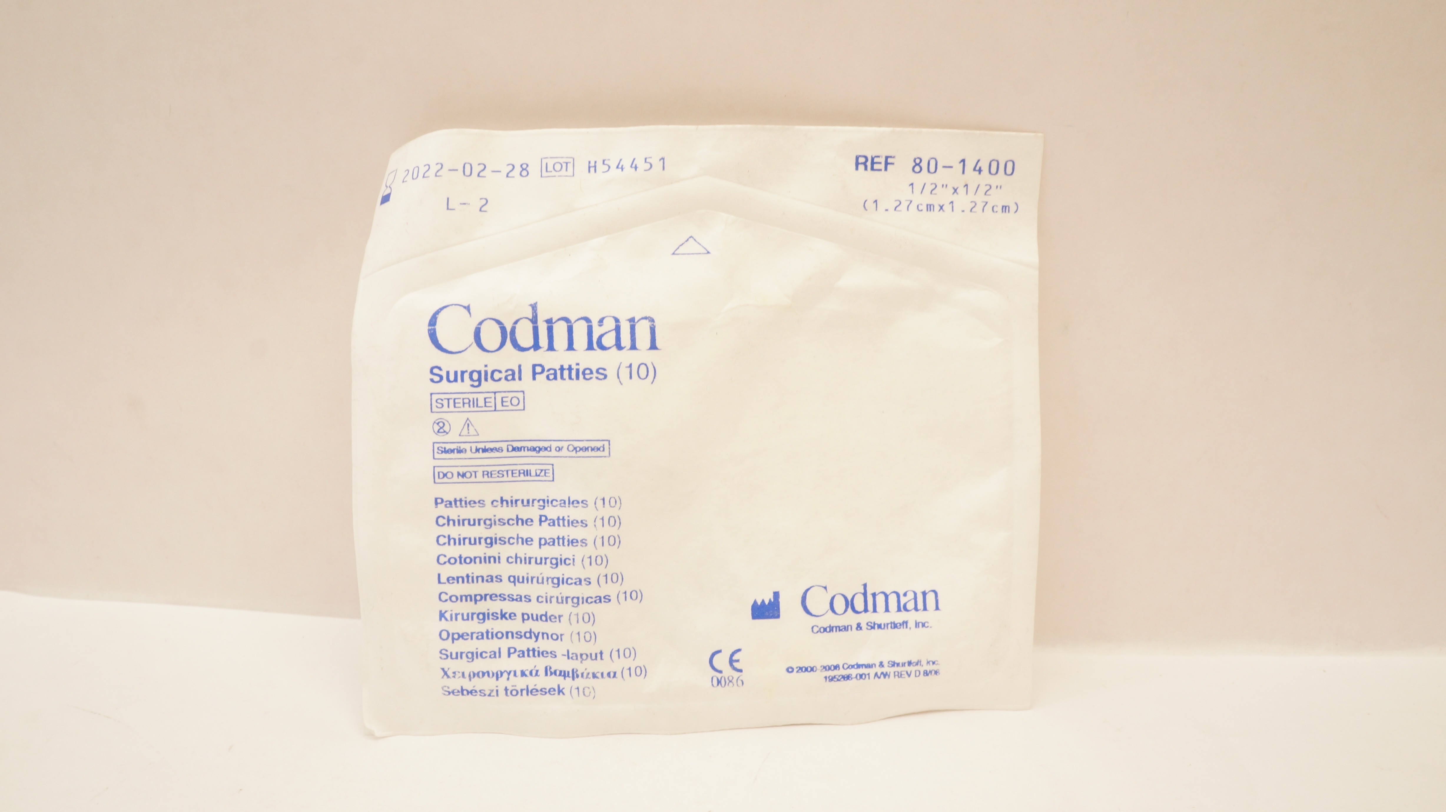 Codman 80-1400 Surgical Patties 1/2inch x 1/2inch (x) - Pack of 10