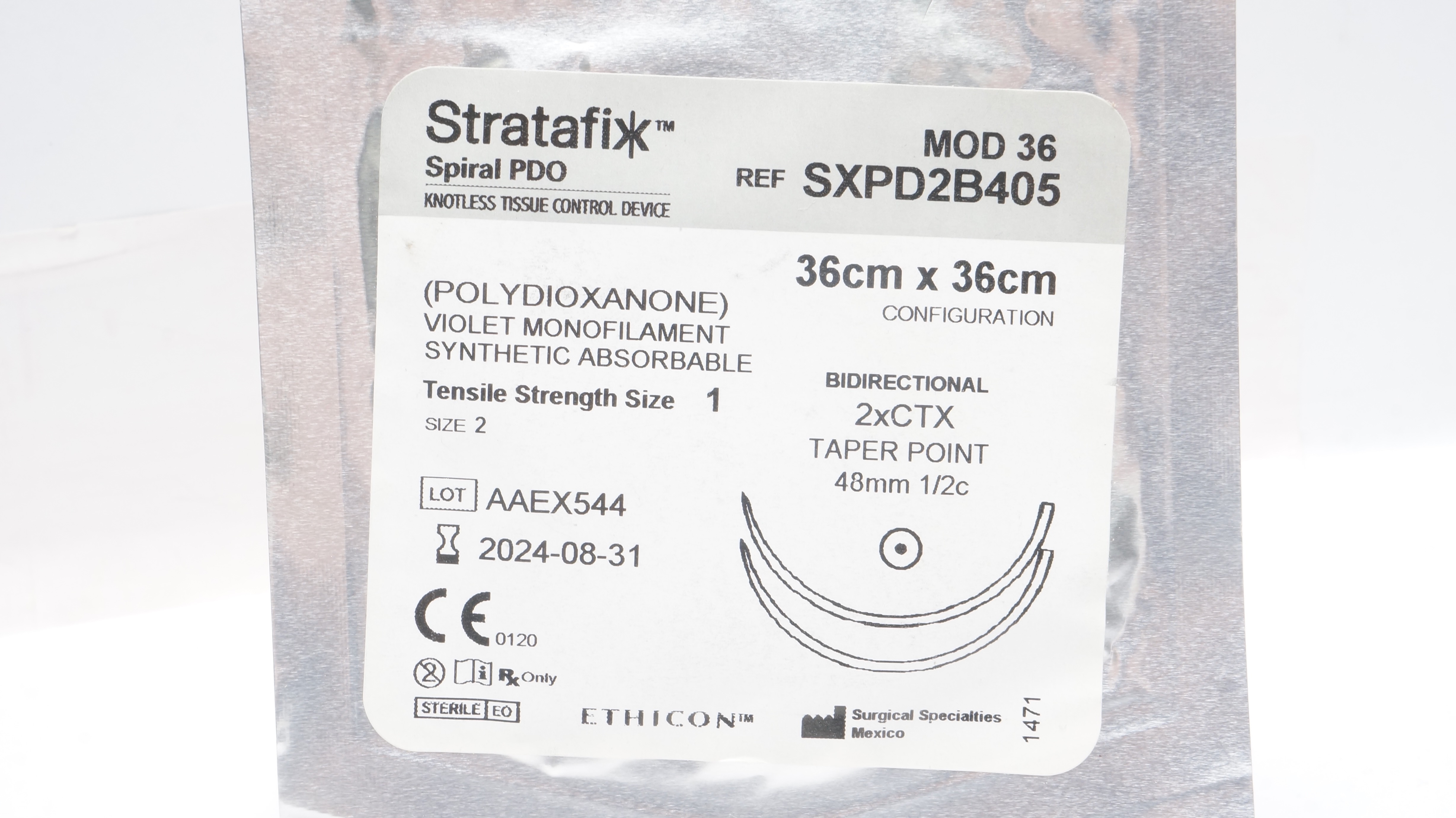 Ethicon SXPD2B405 Stratafix Spiral PDO 2xCTX Taper Point 48mm 1/2c, 36 x 36cm(x)
