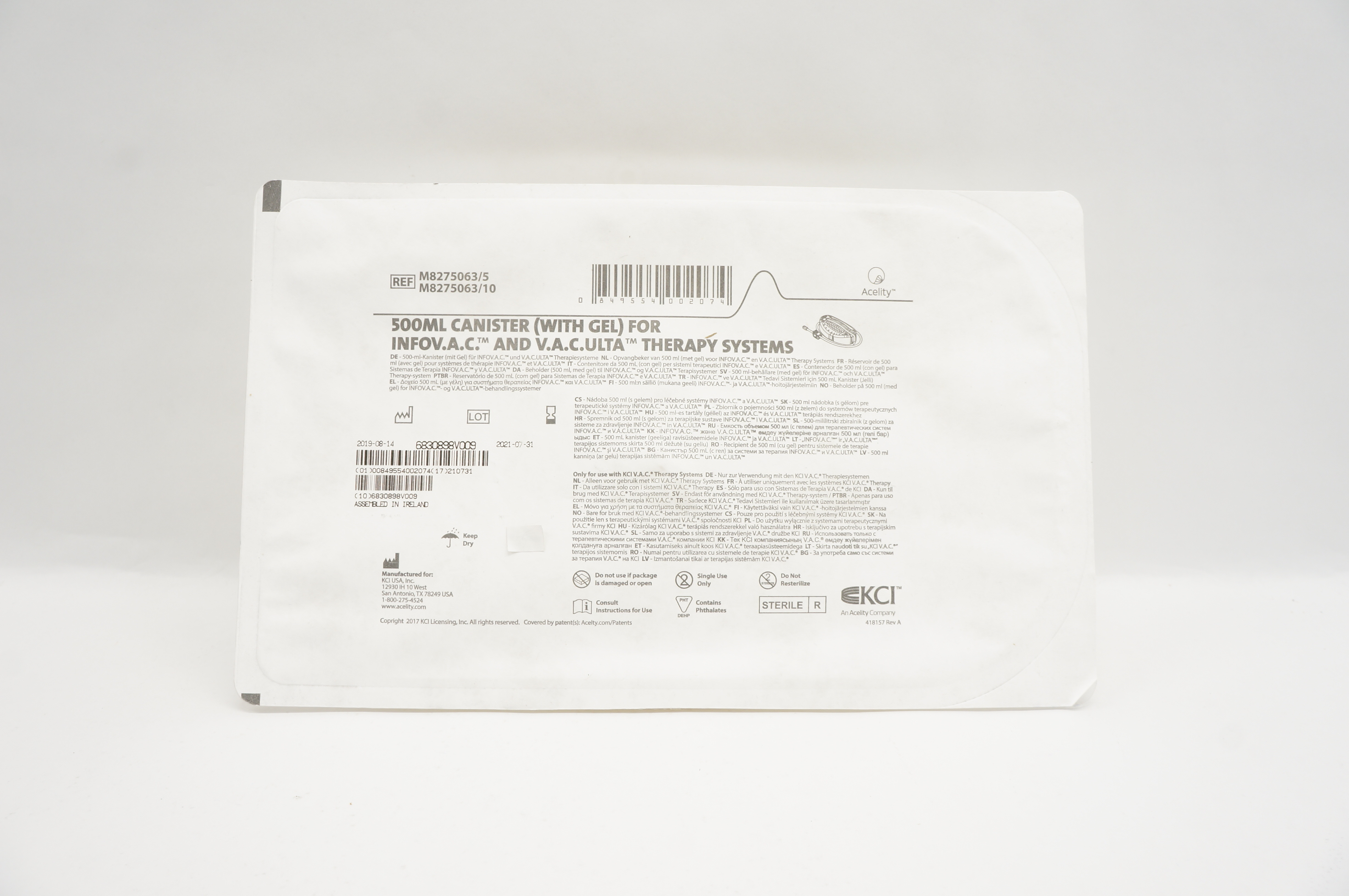 KCI M8275063/5 500mL Canister For InfoV.A.C. &  V.A.C.Ulta Therapy Systems (x)