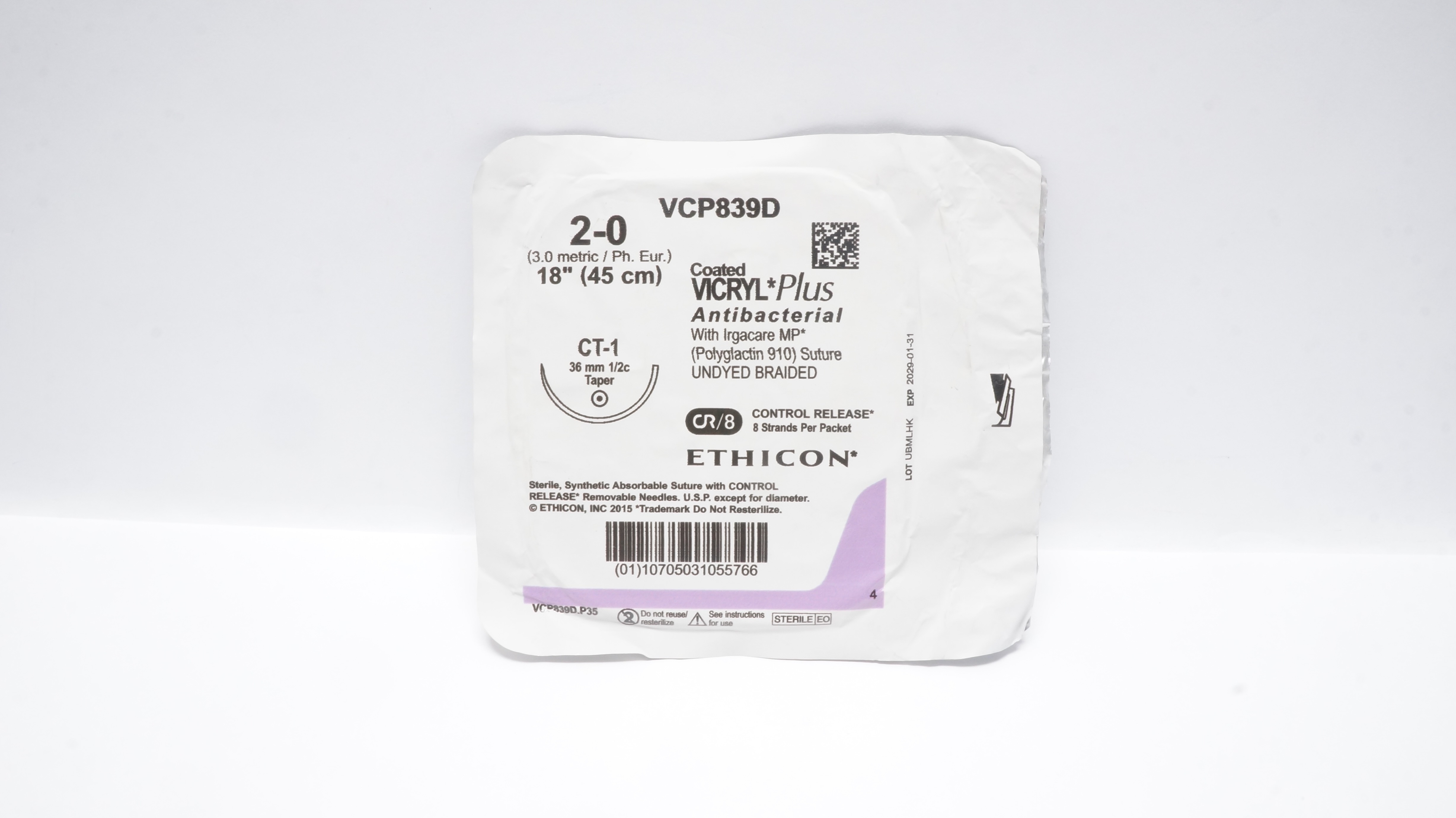 Ethicon VCP839D 2-0 Coated Vicryl Plus Stre  CT-1 36mm 1/2 Taper, 18inch