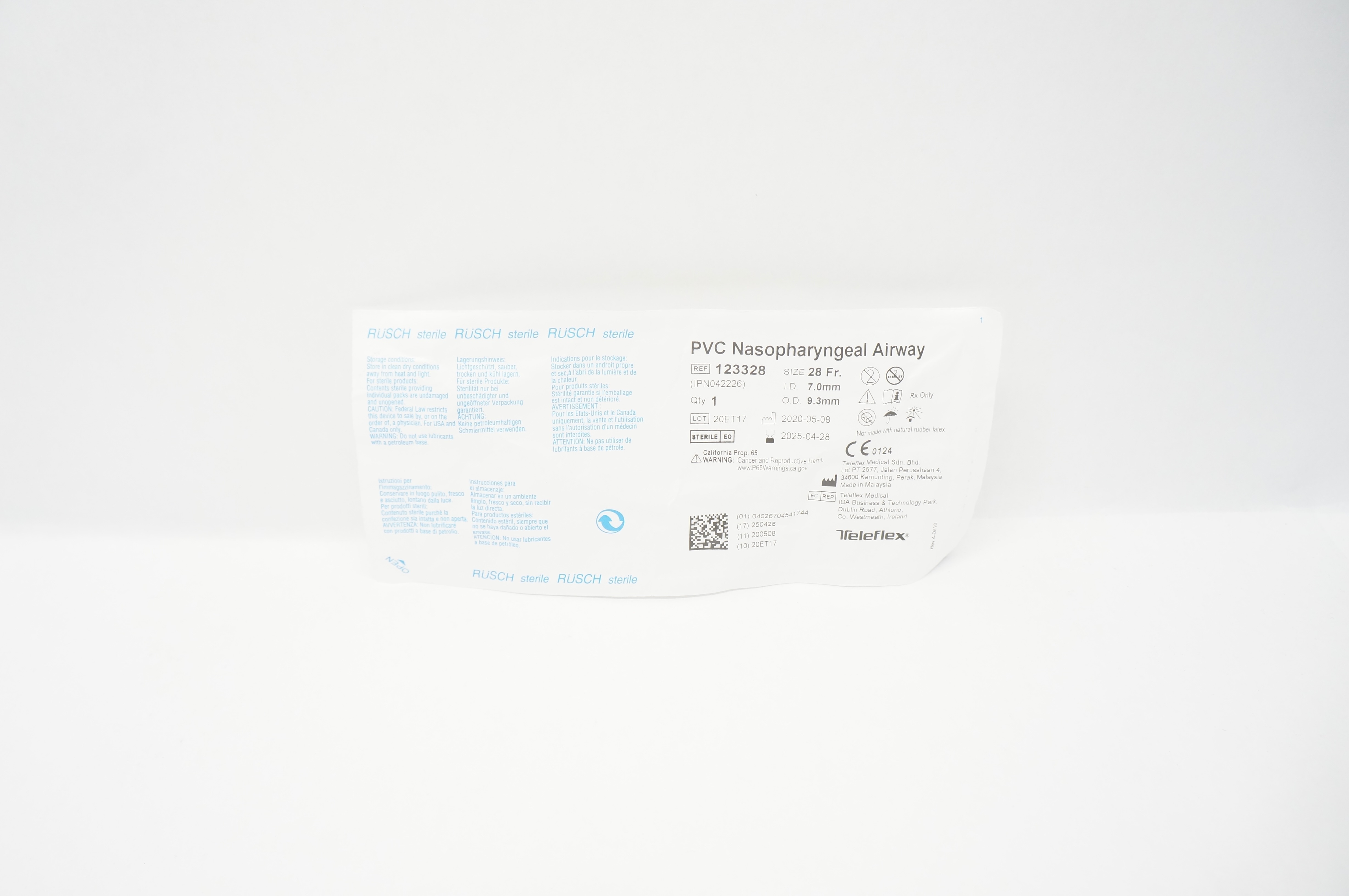 Teleflex 123328 Rusch PVC Nasopharyngeal Airway 28Fr. x ID 7.0mm x OD 9.3mm