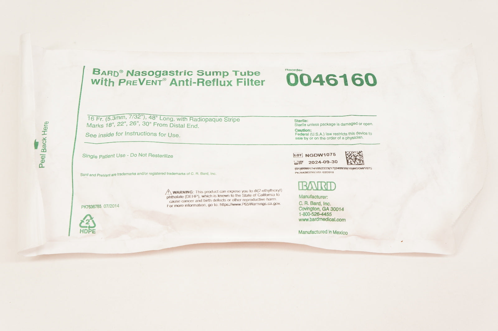 Bard 0046160 Nasogastric Sump Tube With PreVent Anti-Reflux Filter