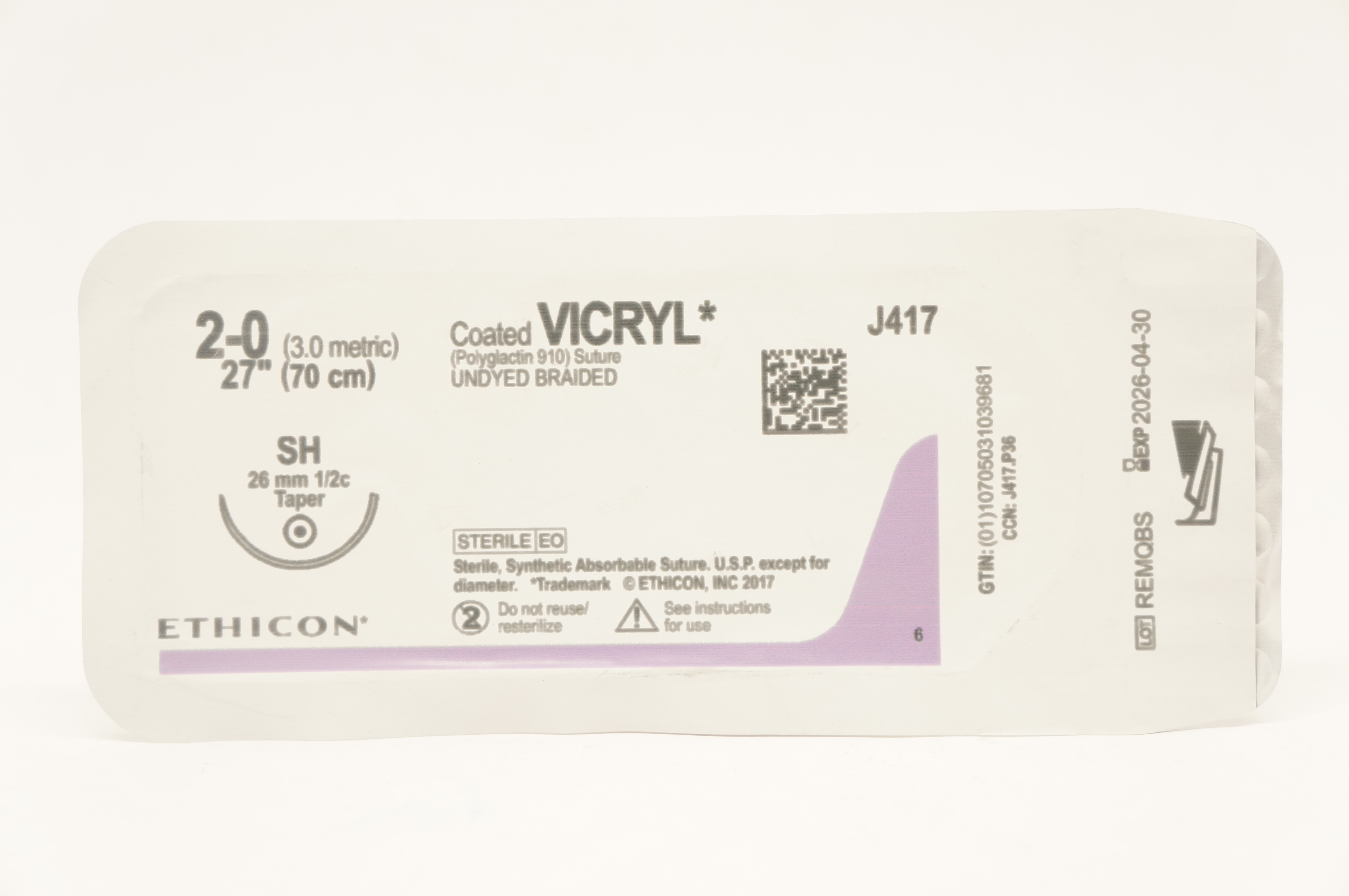 Ethicon J417 2-0 Coated VICRYL, SH 26mm 1/2c Taper, 27inch