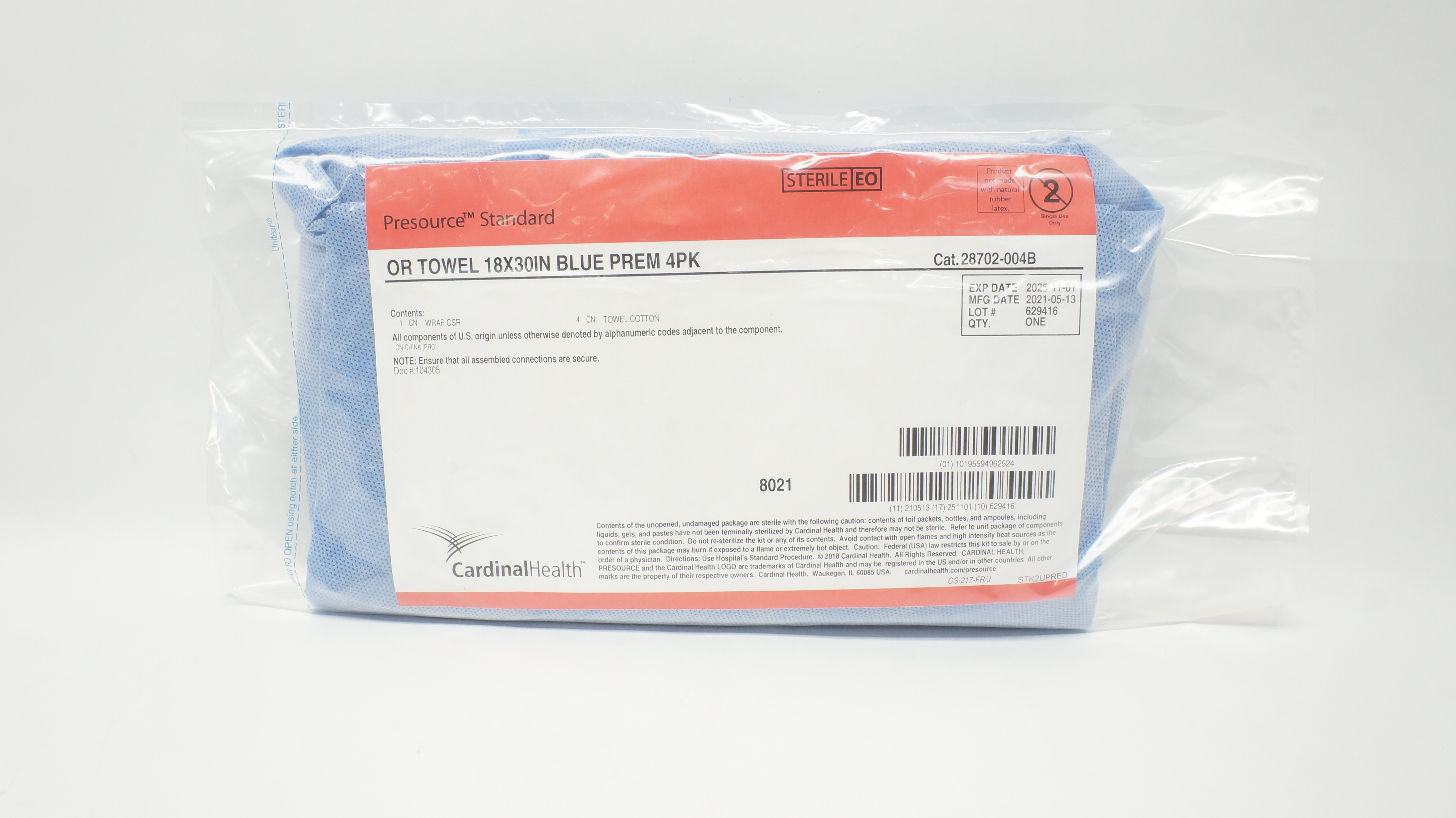 Cardinal Health 28702-004B Presourse Standard OR Towel 18 x 30inch Blue Prem 4PK