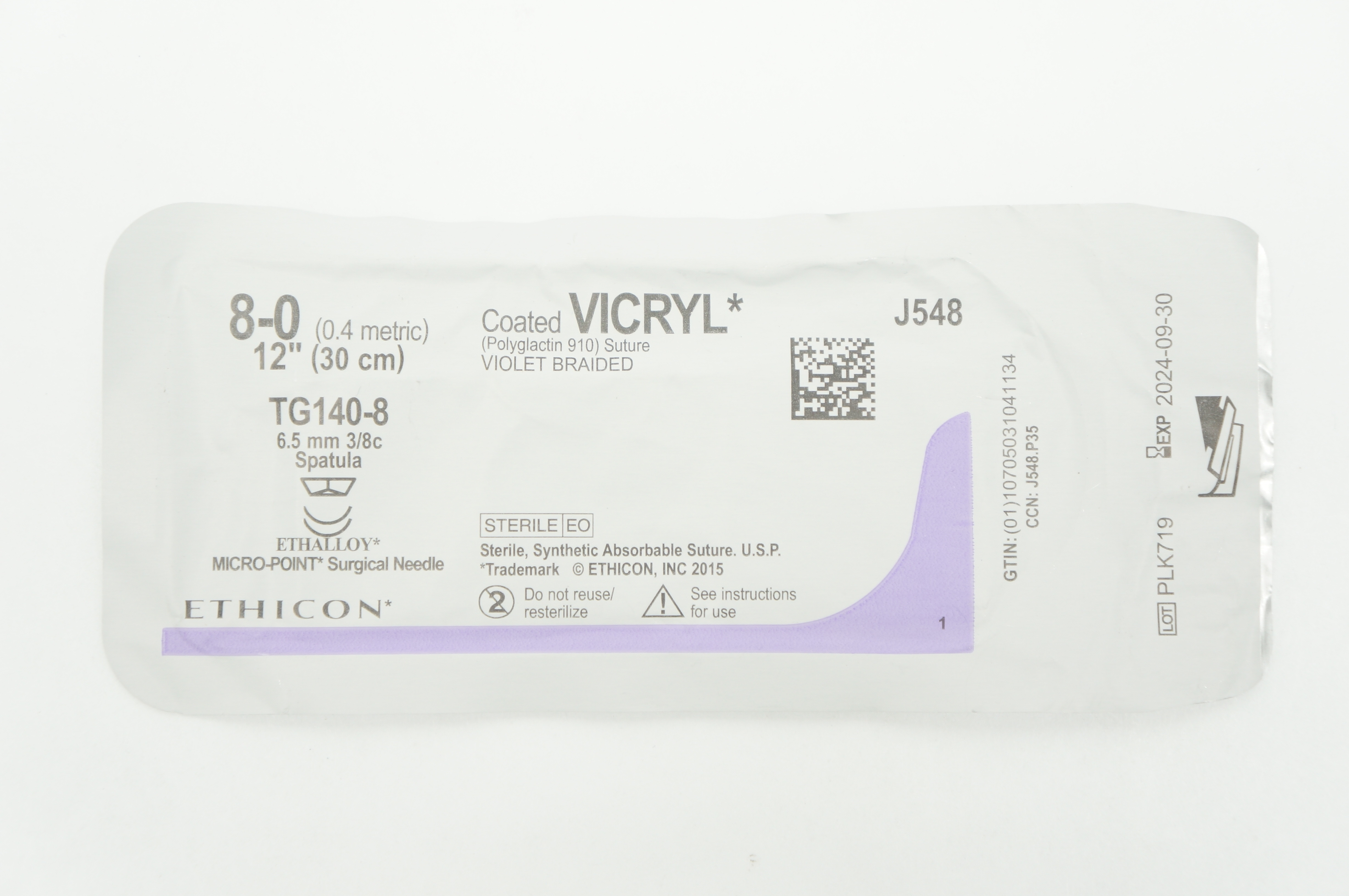 Ethicon J548 8-0 VICRYL TG140-8 6.5mm 3/8c Spatula 12inch