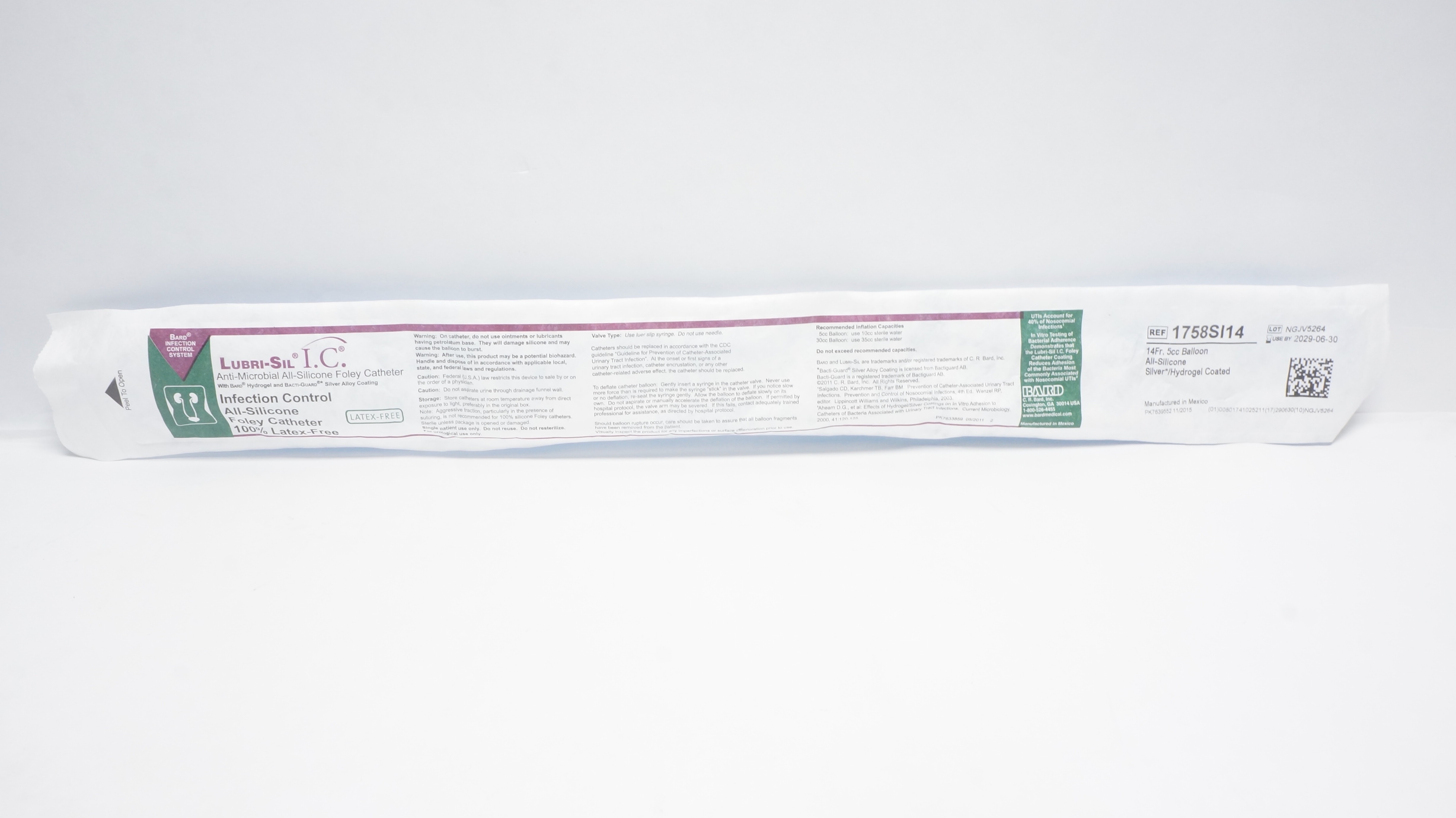 Bard 1758SI14 Lubri-Sil I.C. Anti-Microbial All-Silicone Foley Cath. 14Fr 5cc