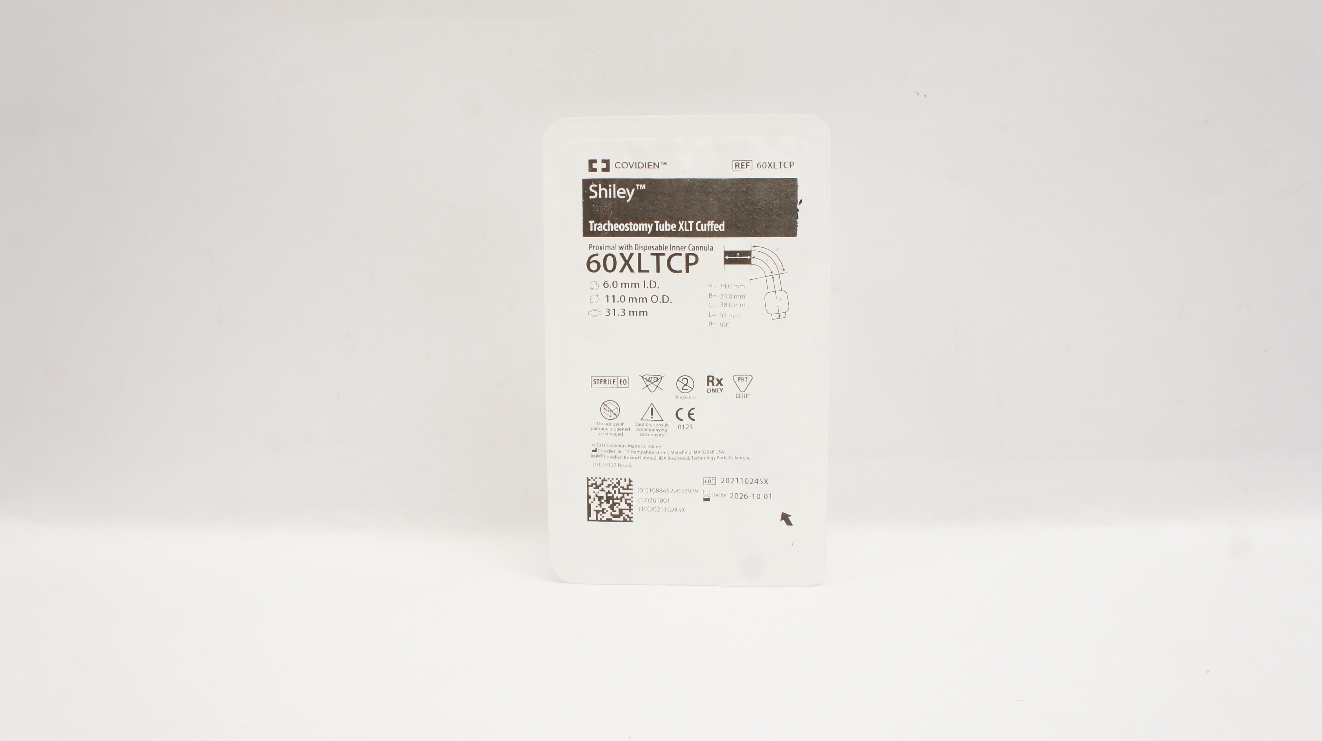 Covidien 60XLTCP Shiley Tracheostomy Tube XLT Cuffed 6.0 ID. x 11.0 OD. x 31.3mm