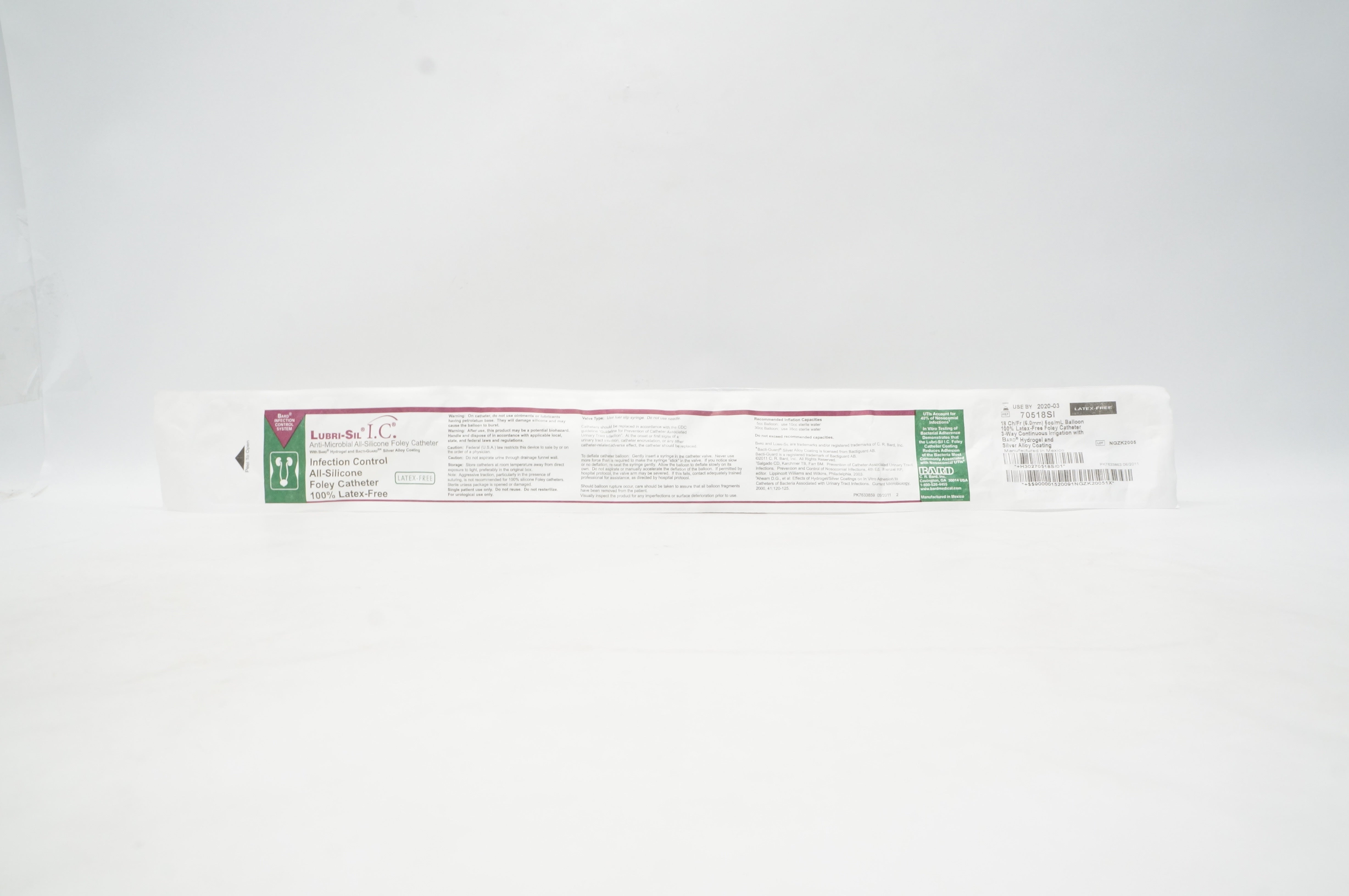 Bard 70518SI Lubri-Sil I.C. Anti-Microbial Foley Cath. 18 Fr.,5cc/mL Balloon (x)