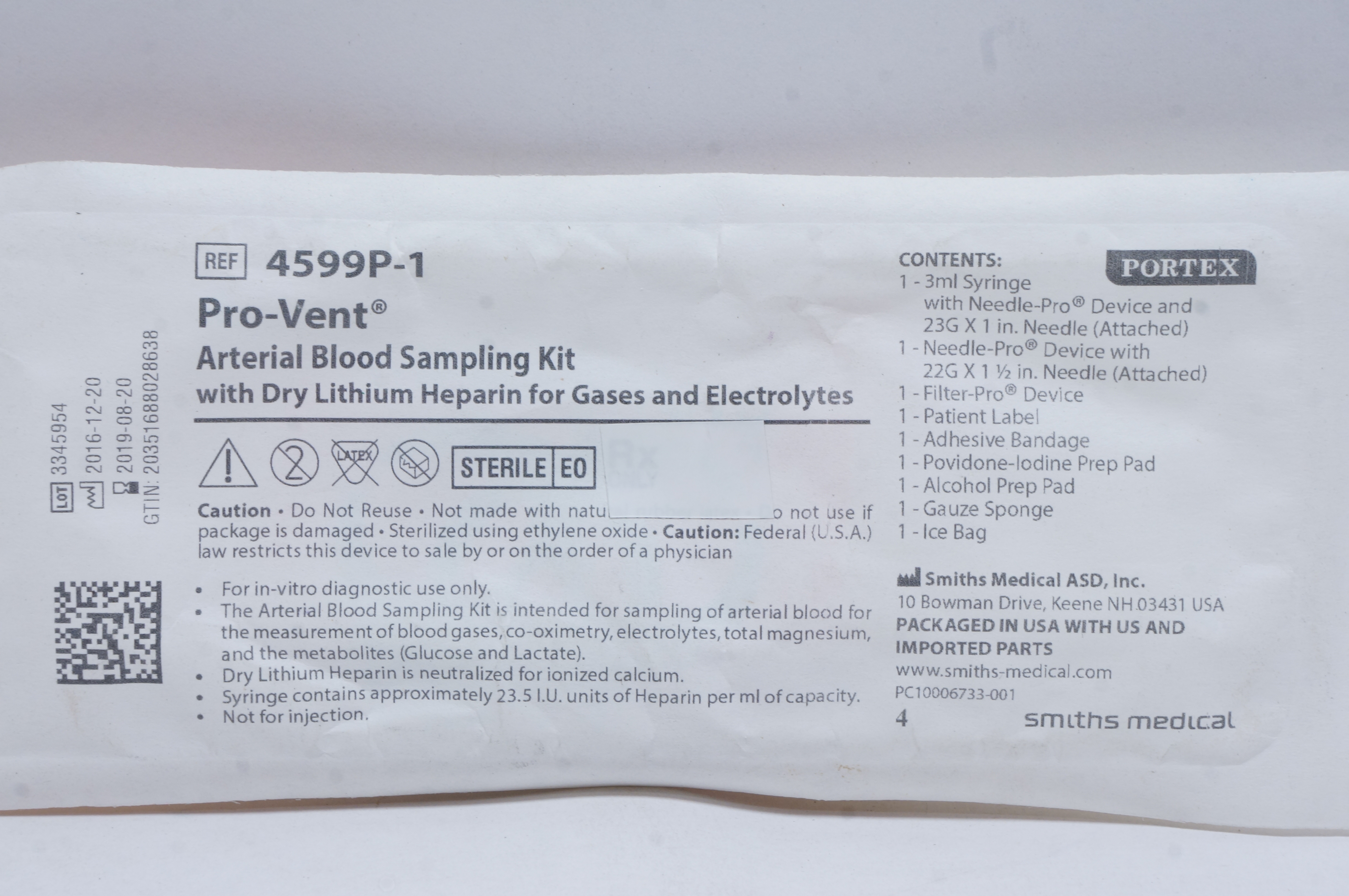 Smiths Medical 4599P-1 Pro-Vent Arterial Blood Sampling Kit (x)
