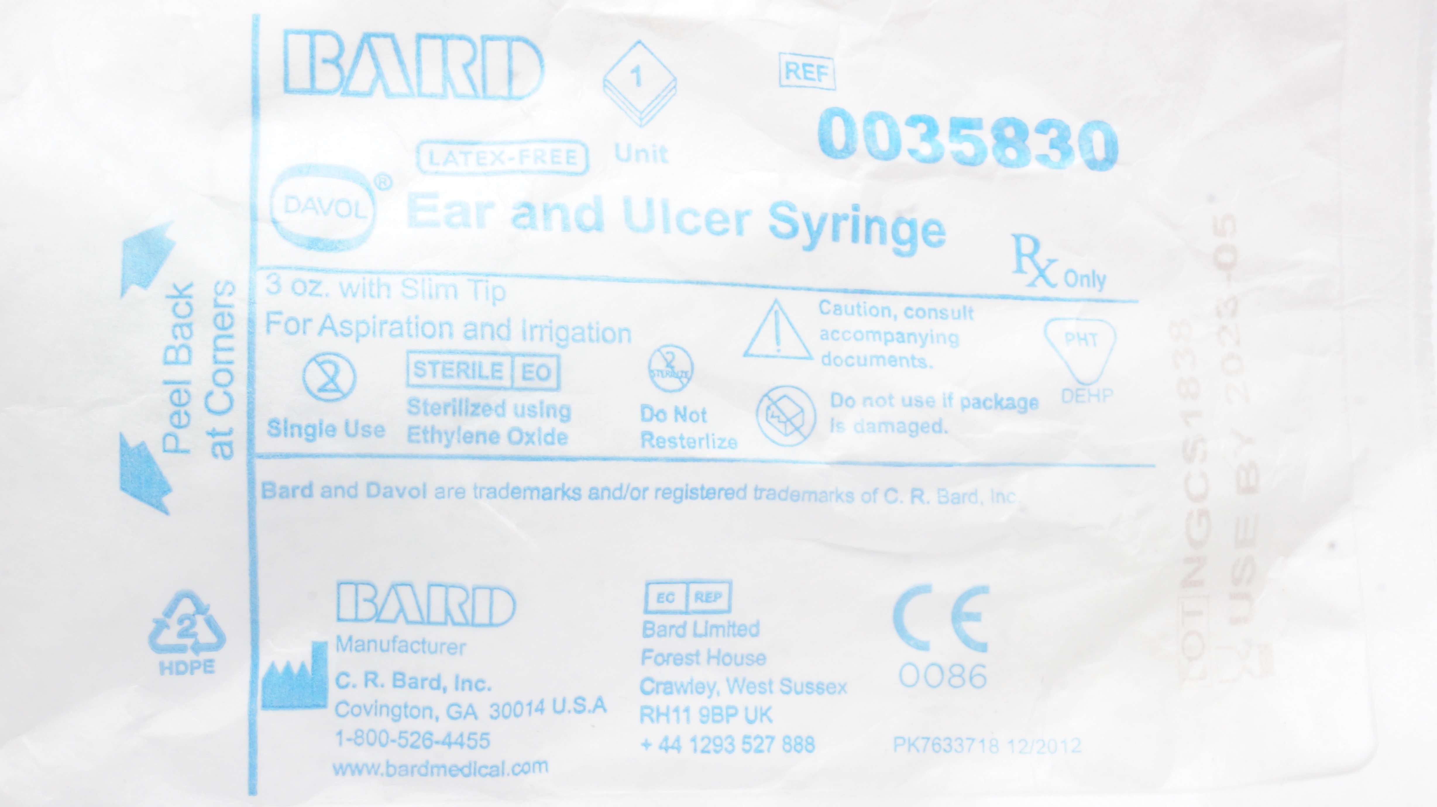 Bard 0035830 Davol Ear and Ulcer Syringe 3oz. with Slim Tip For Aspiration (x)