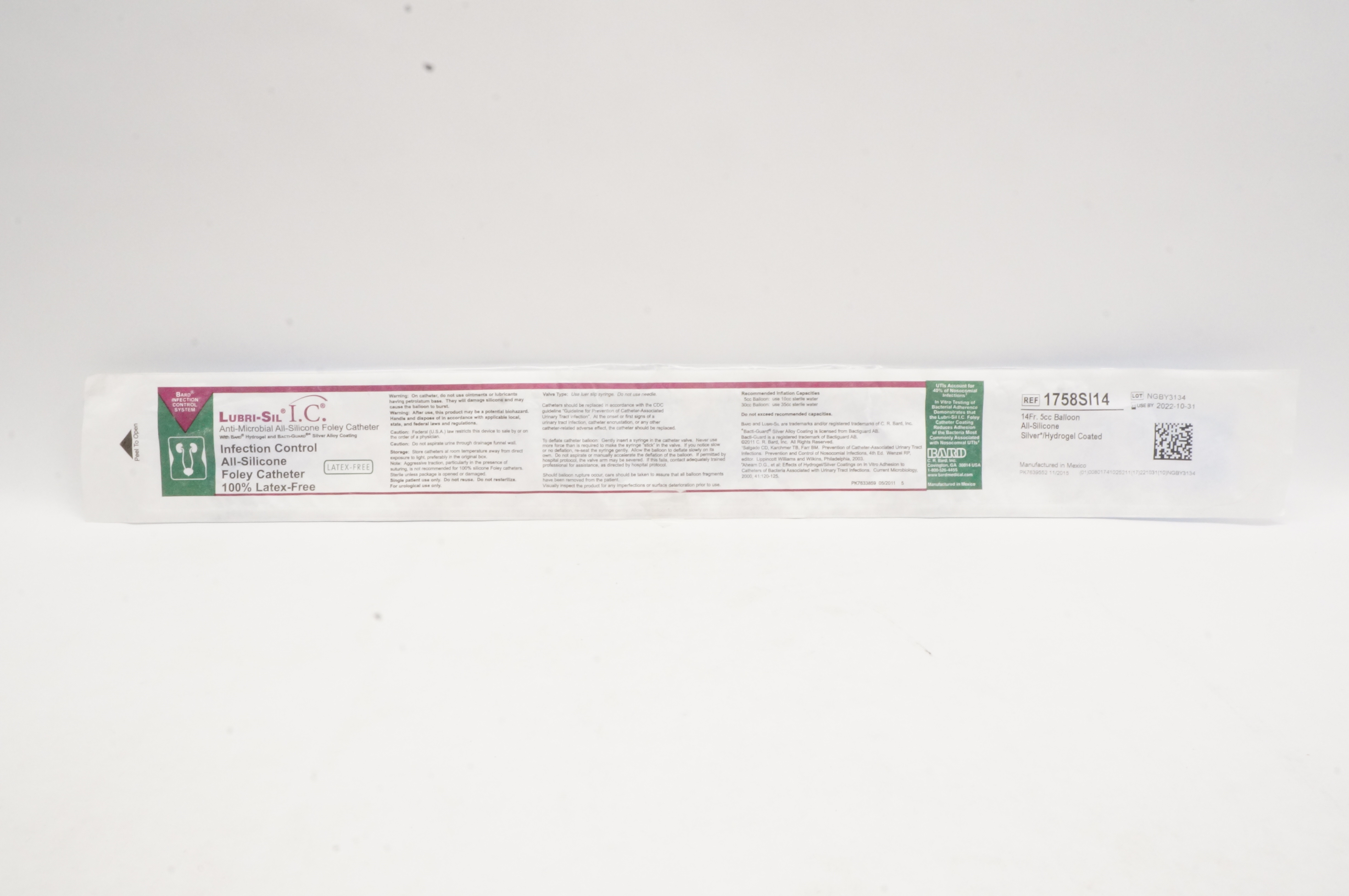 Bard 1758SI14 Lubri-Sil I.C. Anti-Microbial All-Silicone Foley Cath. 14Fr