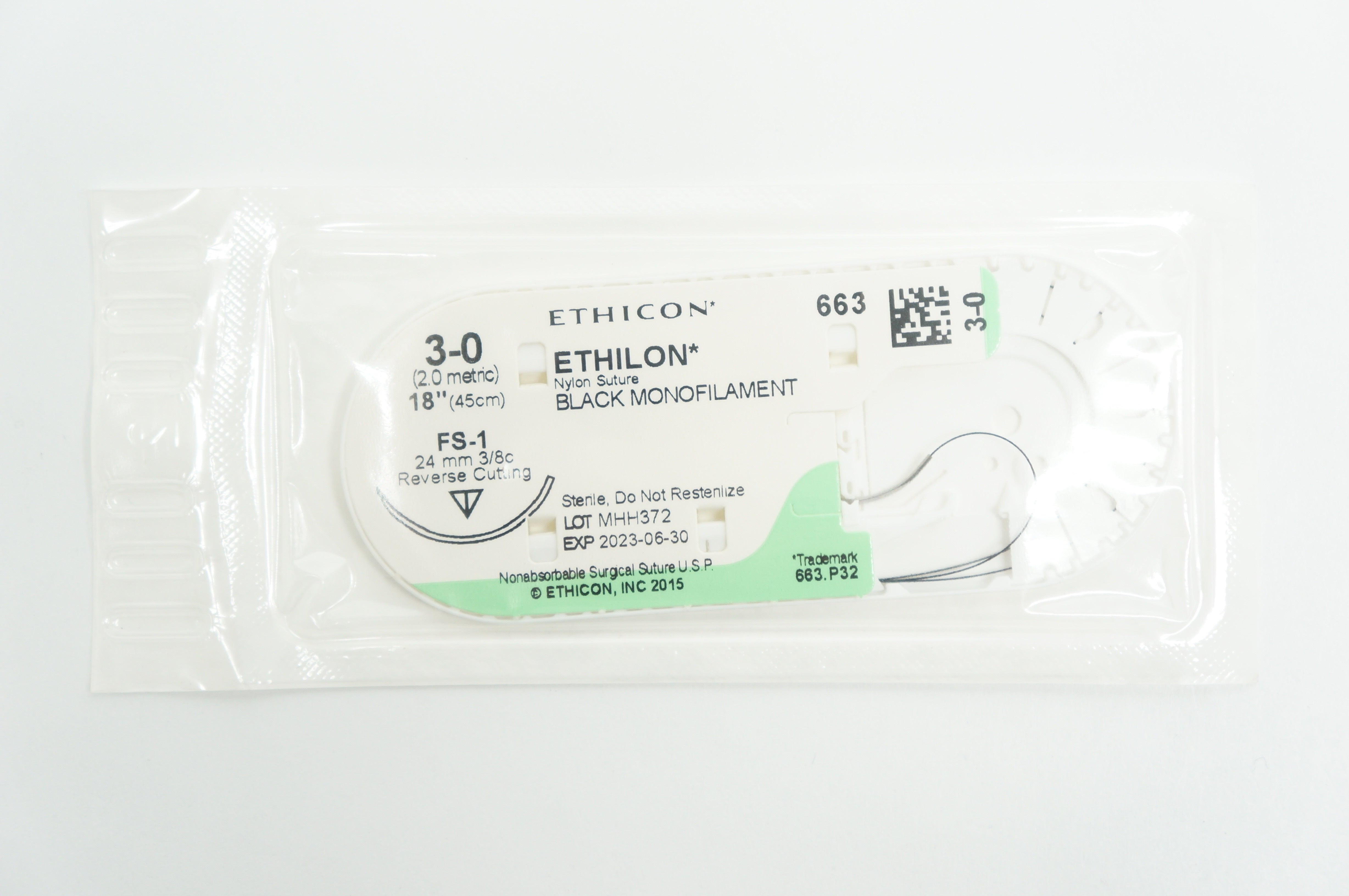 Ethicon 663 3-0 ETHILON, FS-1, 24mm 3/8c Reverse Cutting, 18inch