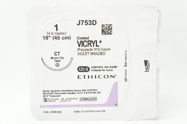 Ethicon J753D 1 Coated Vicryl Polyglactin 910 Stre CT 40mm 1/2c Taper, 18inch