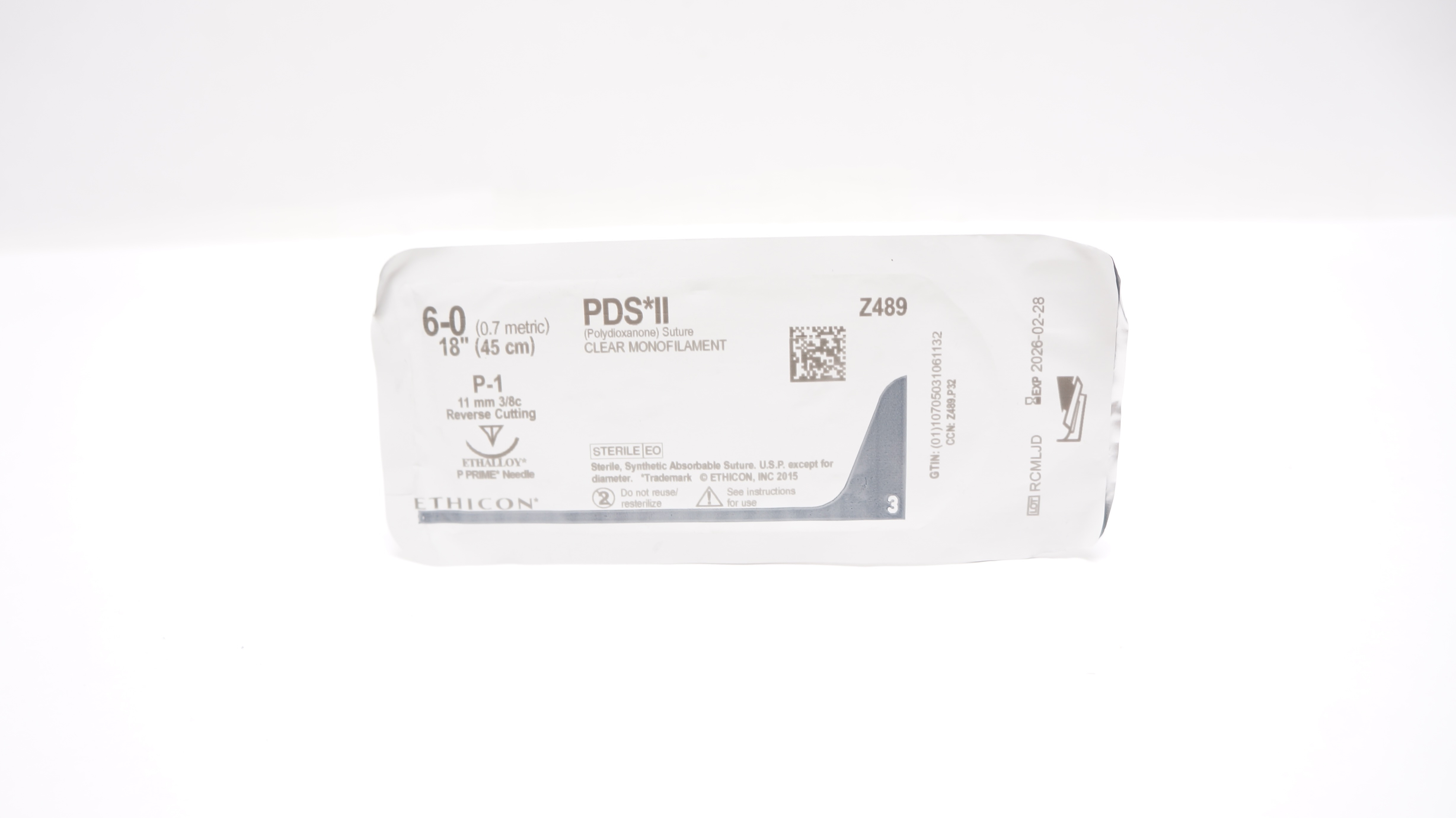 Ethicon Z489 6-0 PDS II Polydioxanone, P-1, 11mm 3/8c Reverse Cutting, 18inch