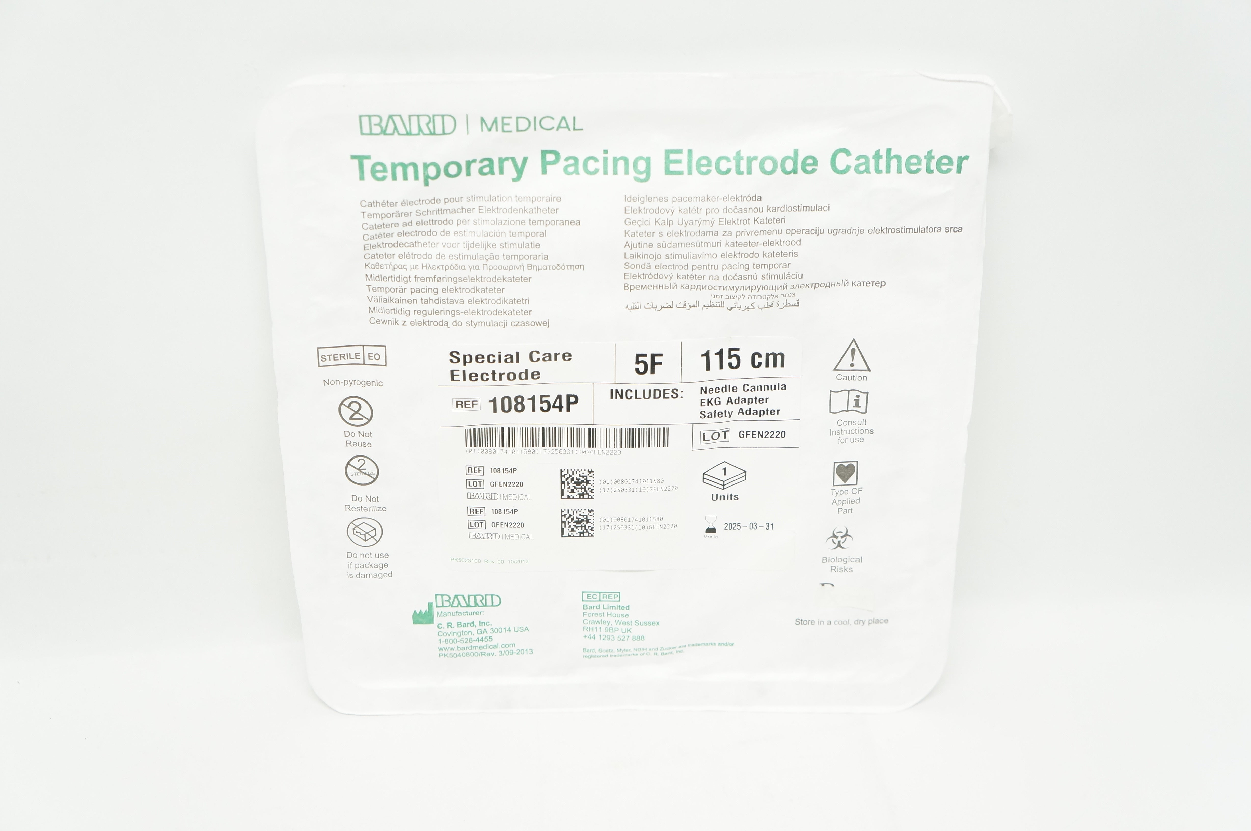 Bard 108154P Temporary pacing Electrode Cath. 5F x 115cm