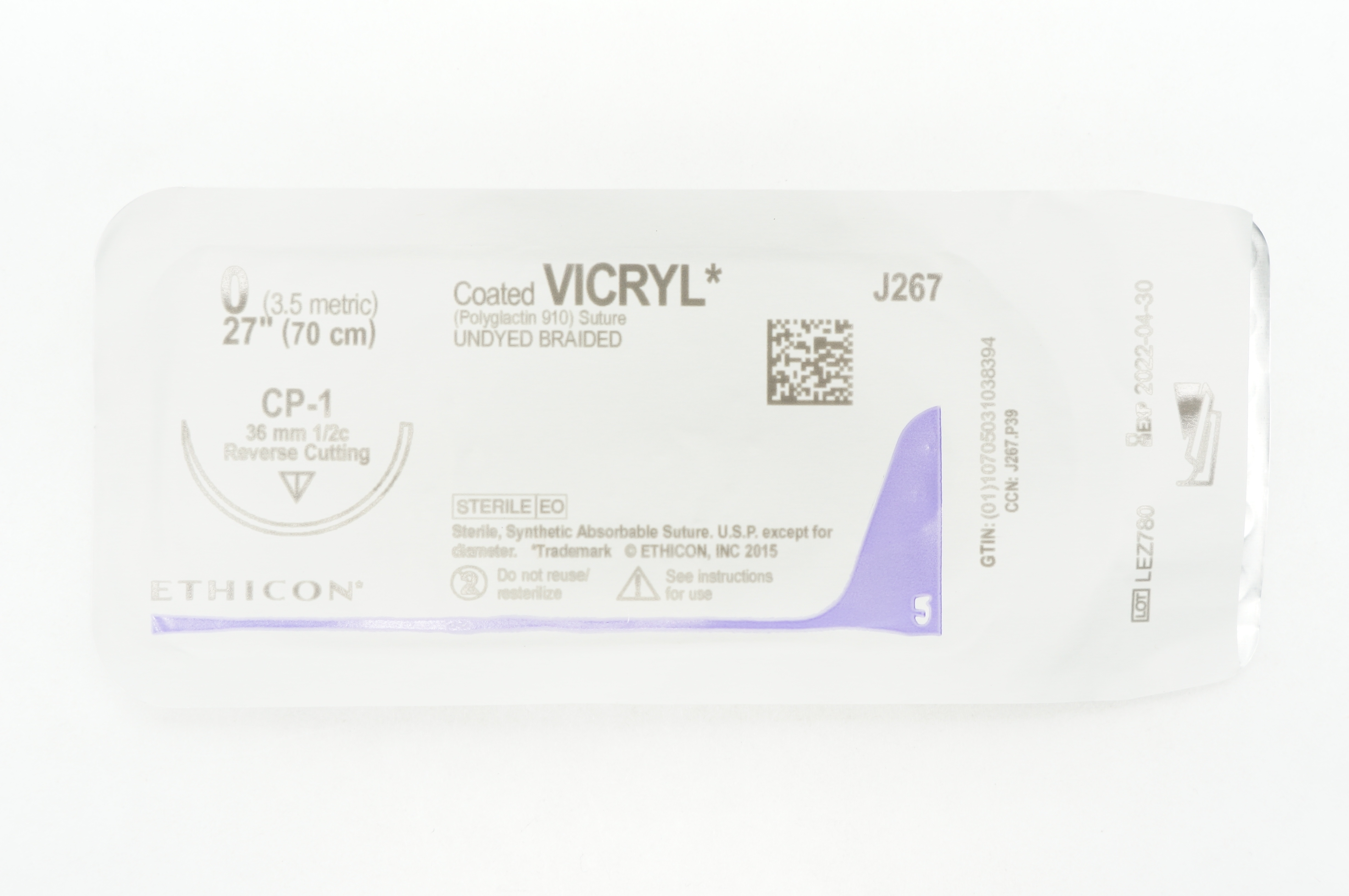 Ethicon J267 0 VICRYL CP-1, 36mm 1/2c Reverse Cutting, 27inch