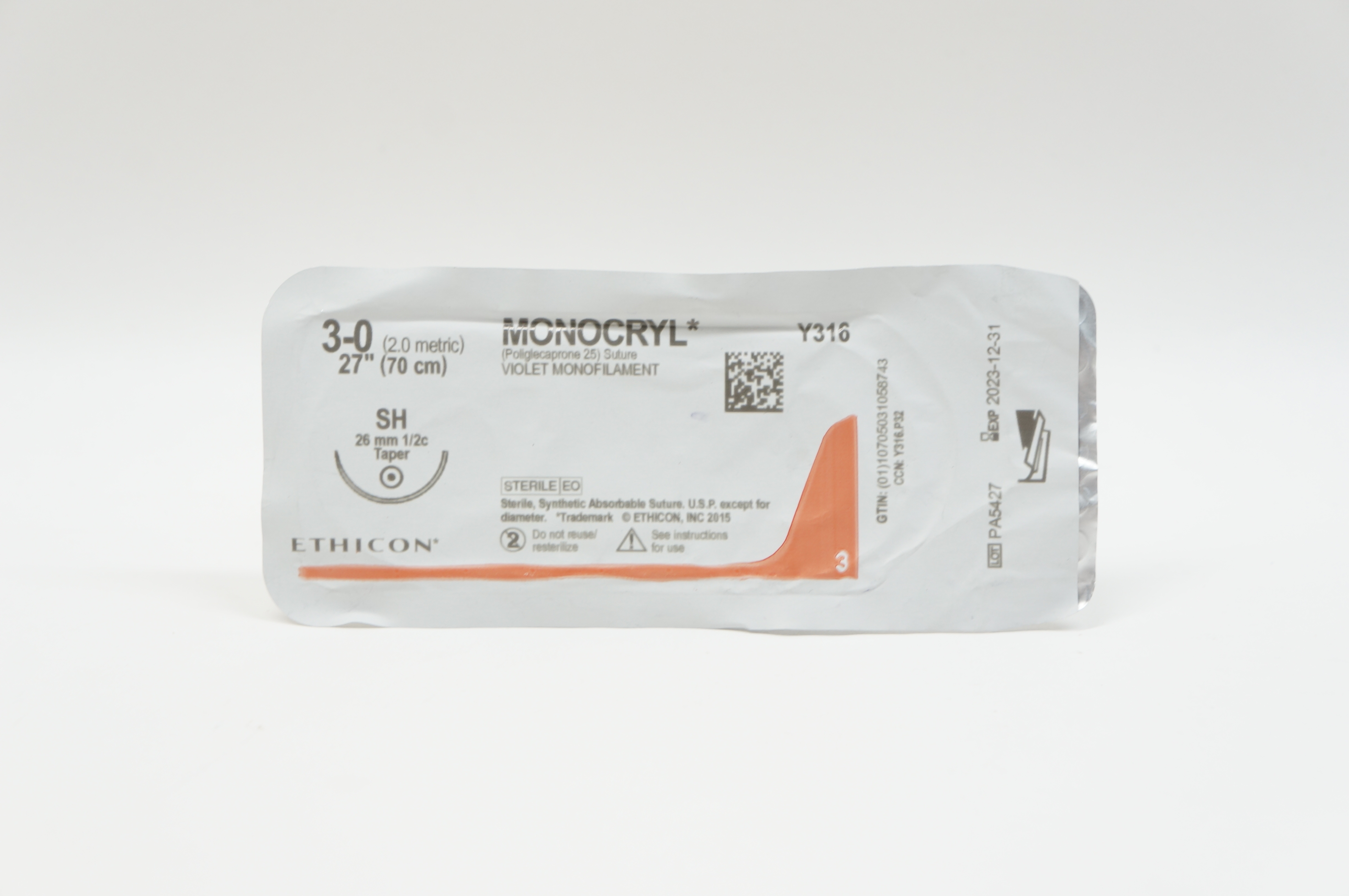Ethicon Y316 3-0 MONOCRYL, SH, 26mm 1/2c Taper, 27inch