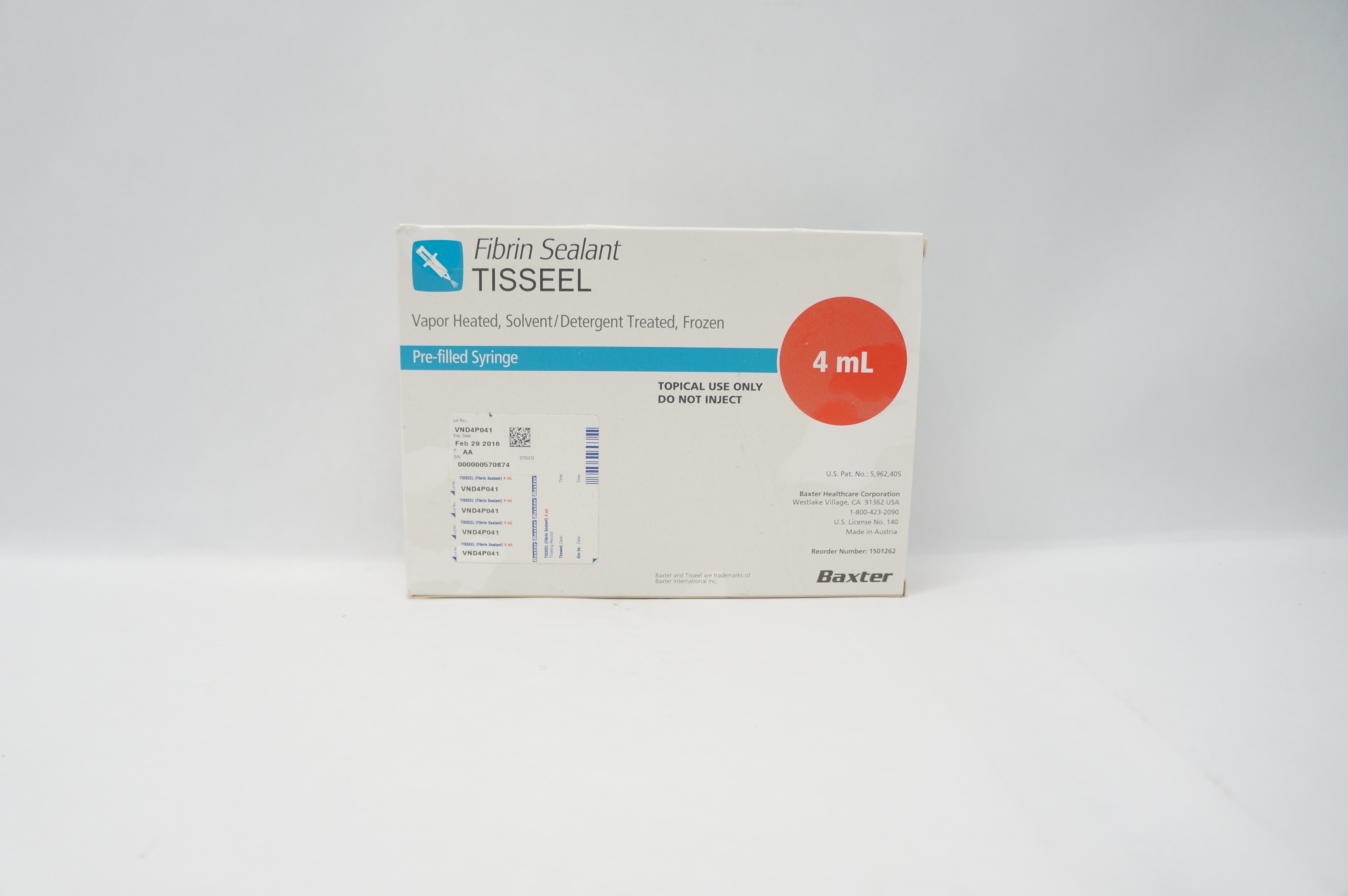 Baxter 1501262 Fibrin Sealant Tisseel Vapor Heated Pre-filled Syringe 4mL (x)