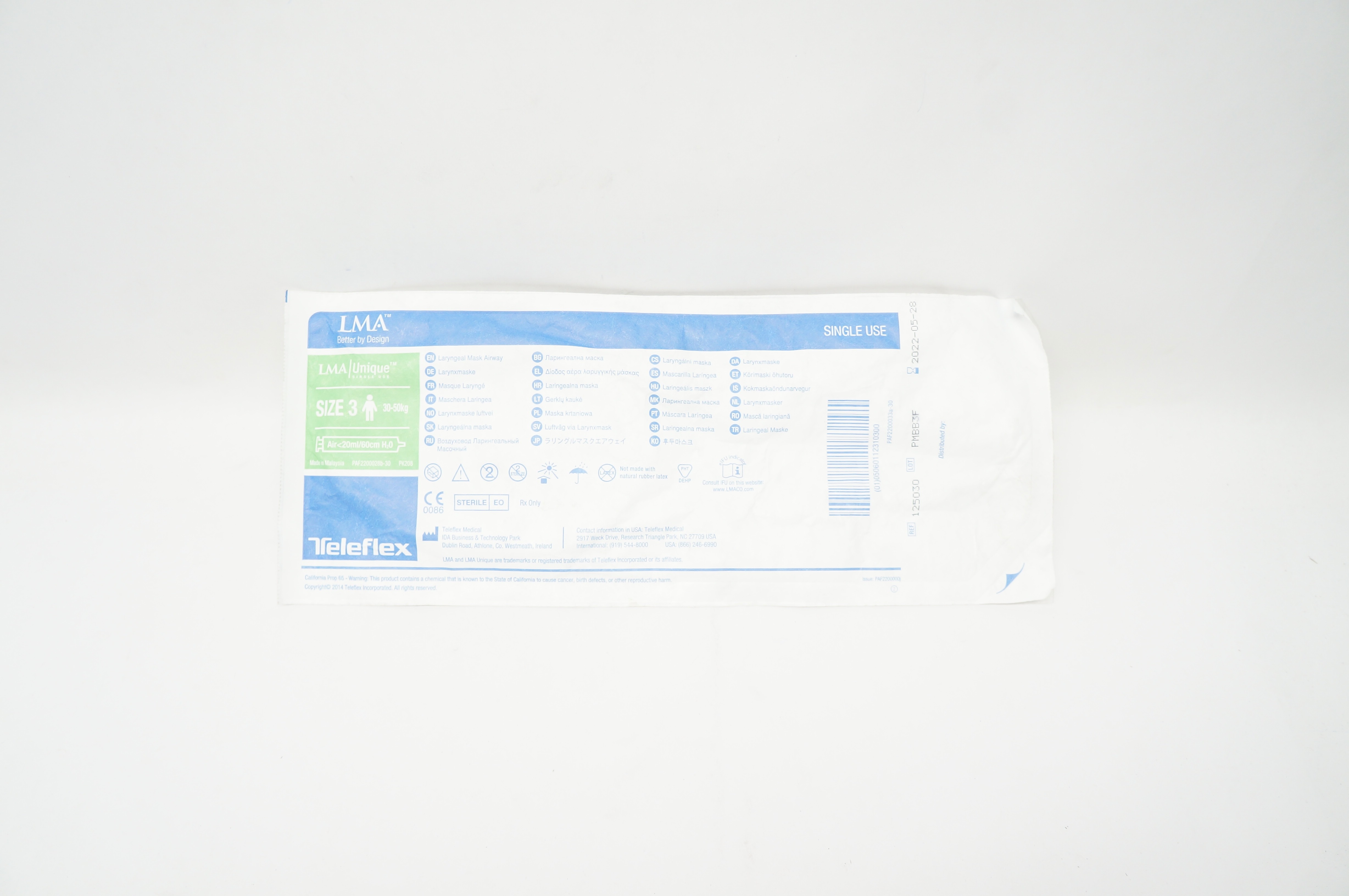 Teleflex 125030 LMA Laryngeal Mask Airway, Size 3, 30-50kg (x)