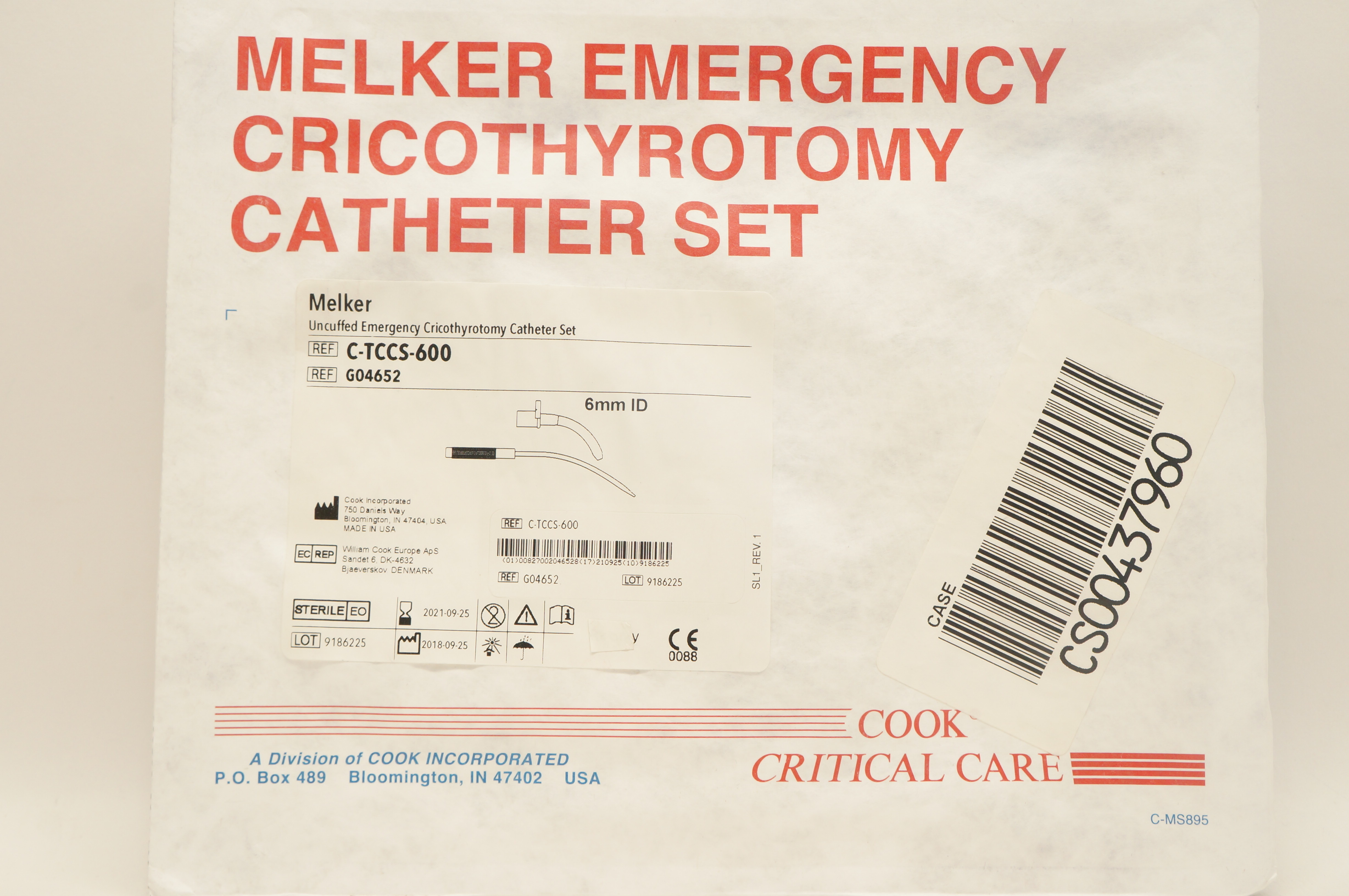 Cook Medical G04652 Melker Uncuffed Emergency Cricothyrotomy Cath. Set 6mm (x)