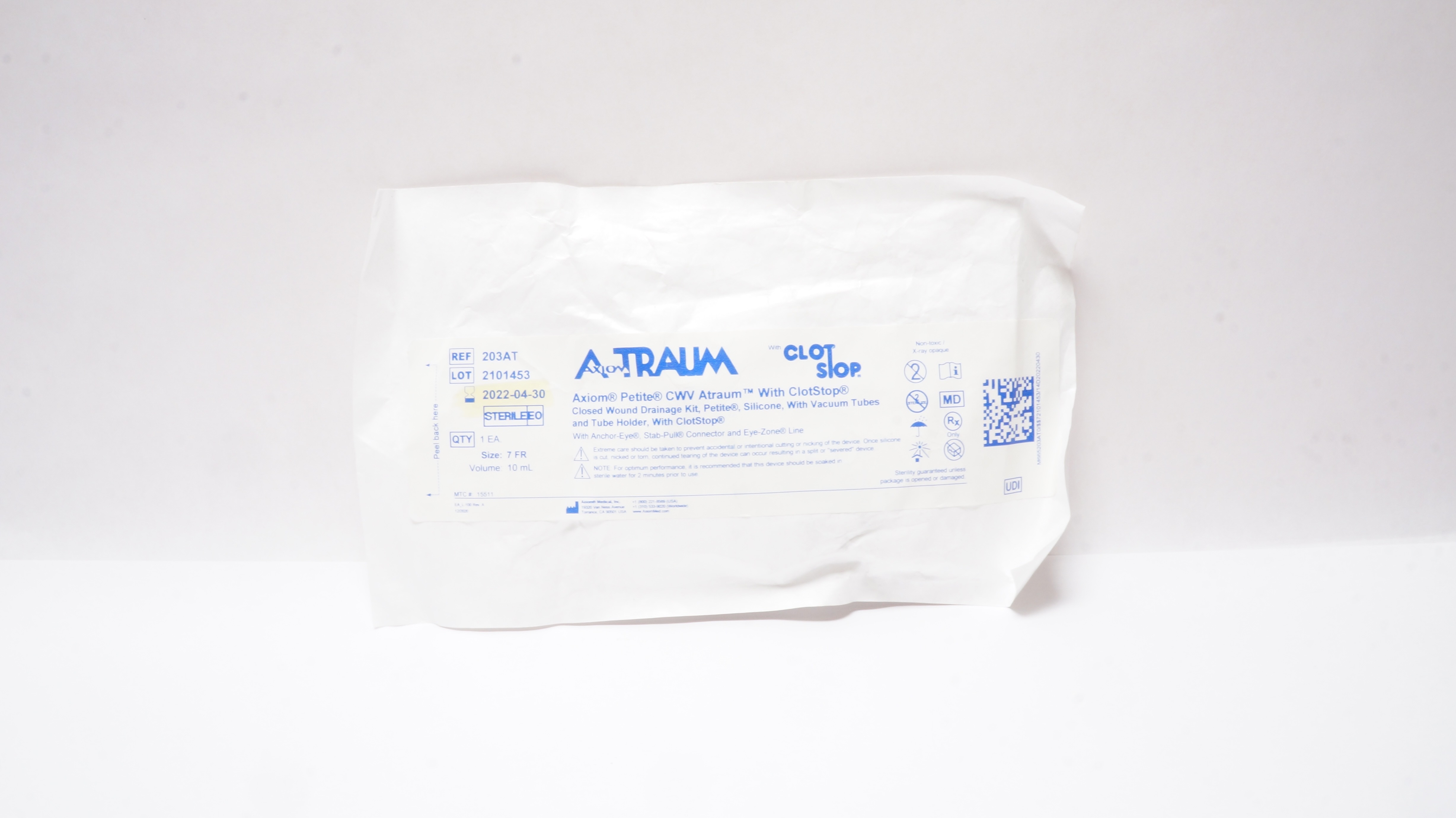 Axiom Medical 203AT Traum Closed Wound Drainage Kit 7Fr x 10mL (x)