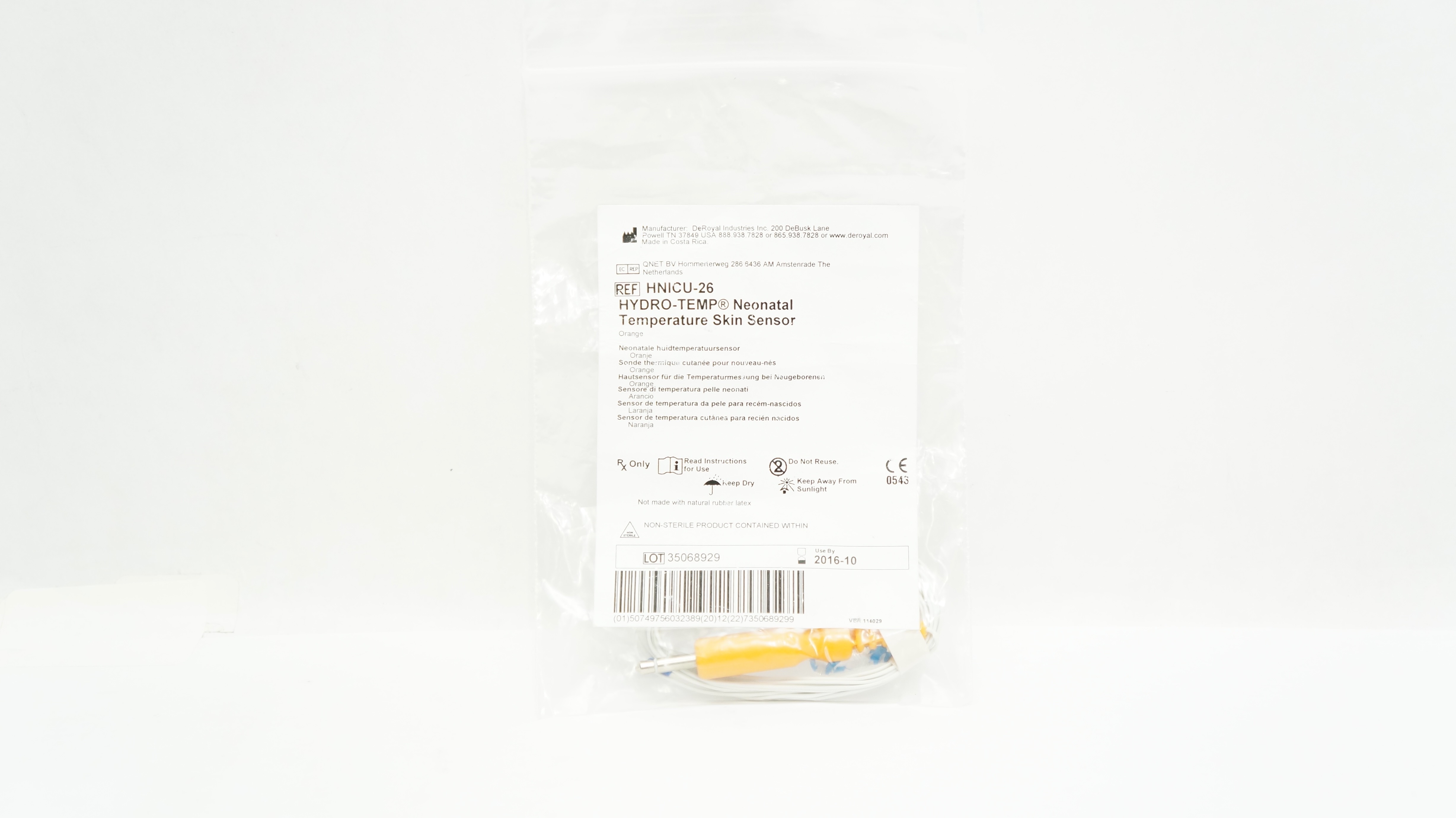 DeRoyal HNICU-26 HYDRO-TEMP Neonatal Temperature Skin Sensor, Orange (x)