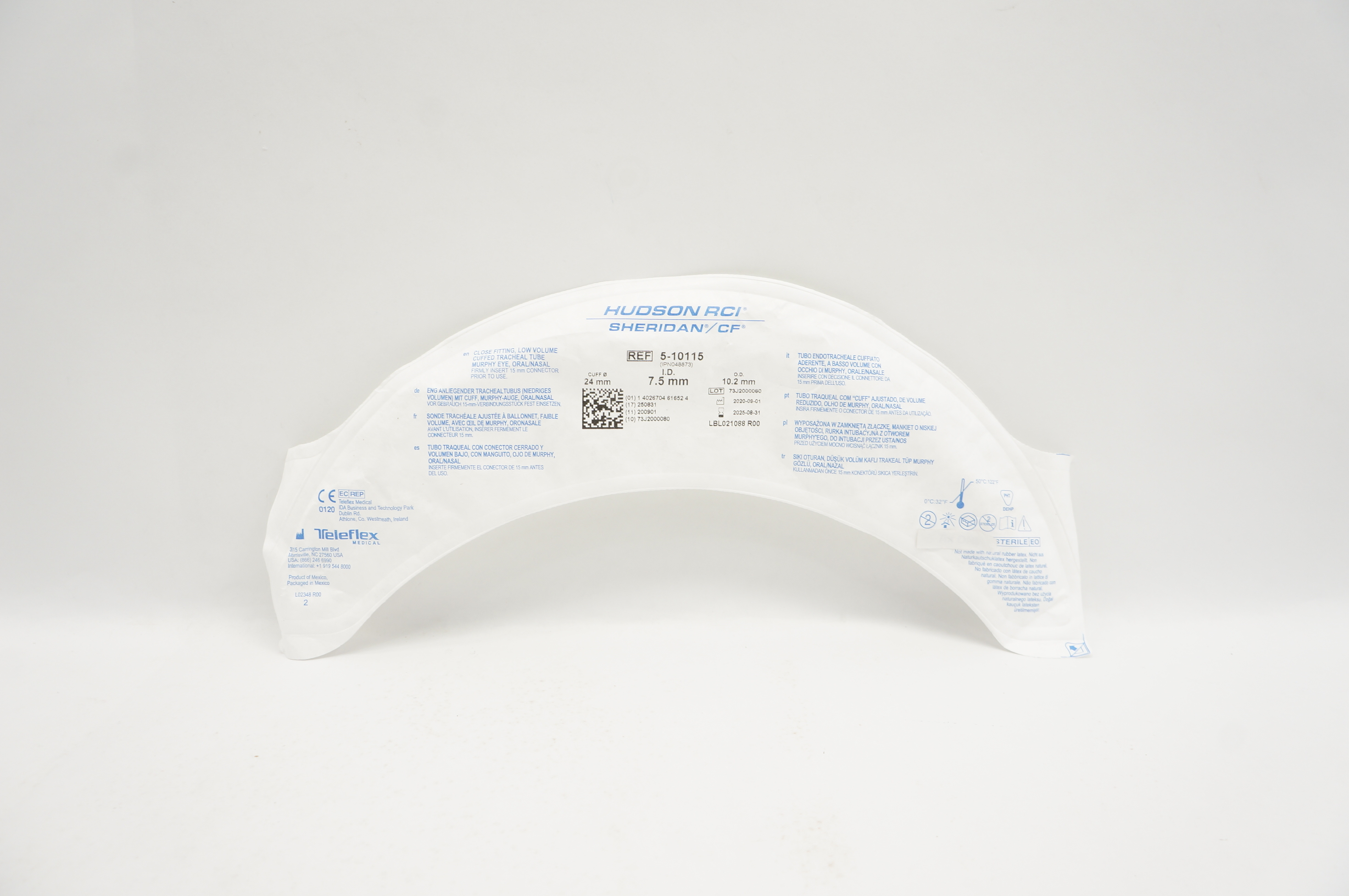 Teleflex 5-10115 Hudson RCI Sheridan CF Cuffed Tracheal Tube 7.5 x 10.2 x24mm