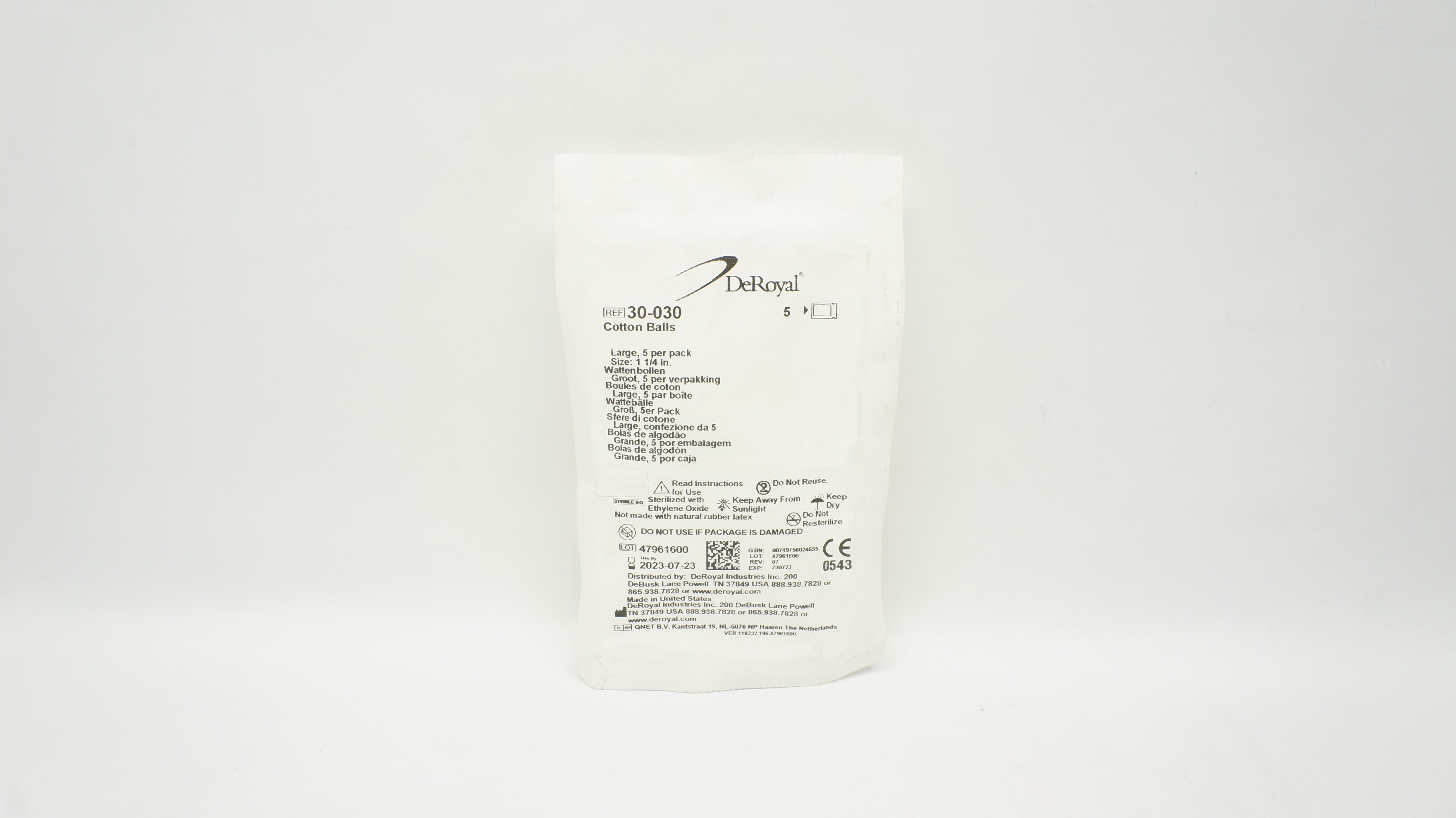 DeRoyal 30-030 Cotton Balls Large Size 1-1/4inch - Pack of 5