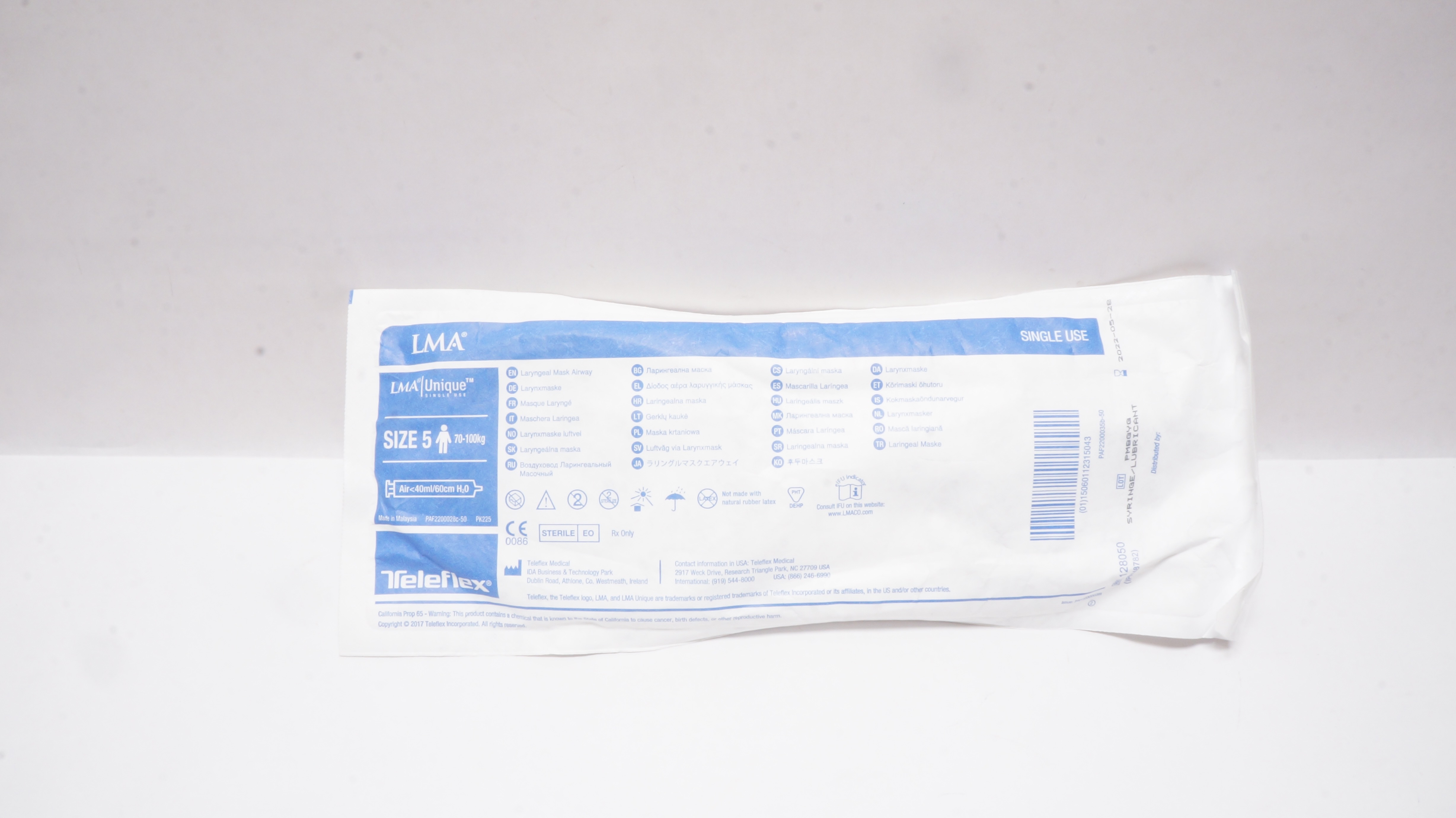 Teleflex 128050 LMA Unique Laryngoscope Mask Airway Size 5 70-100kg (x)