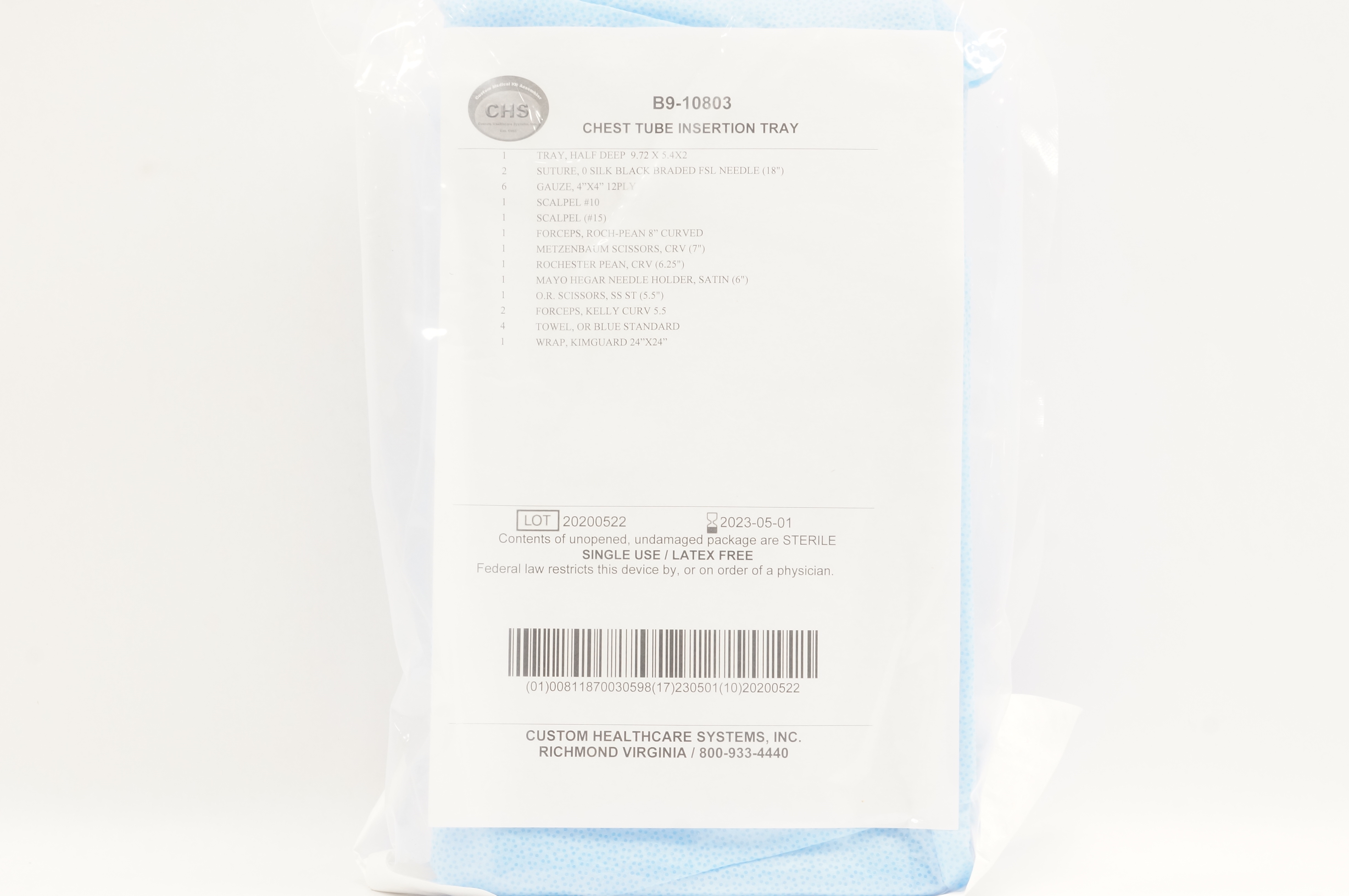 CHS B9-10803 Chest Tube Insertion Tray