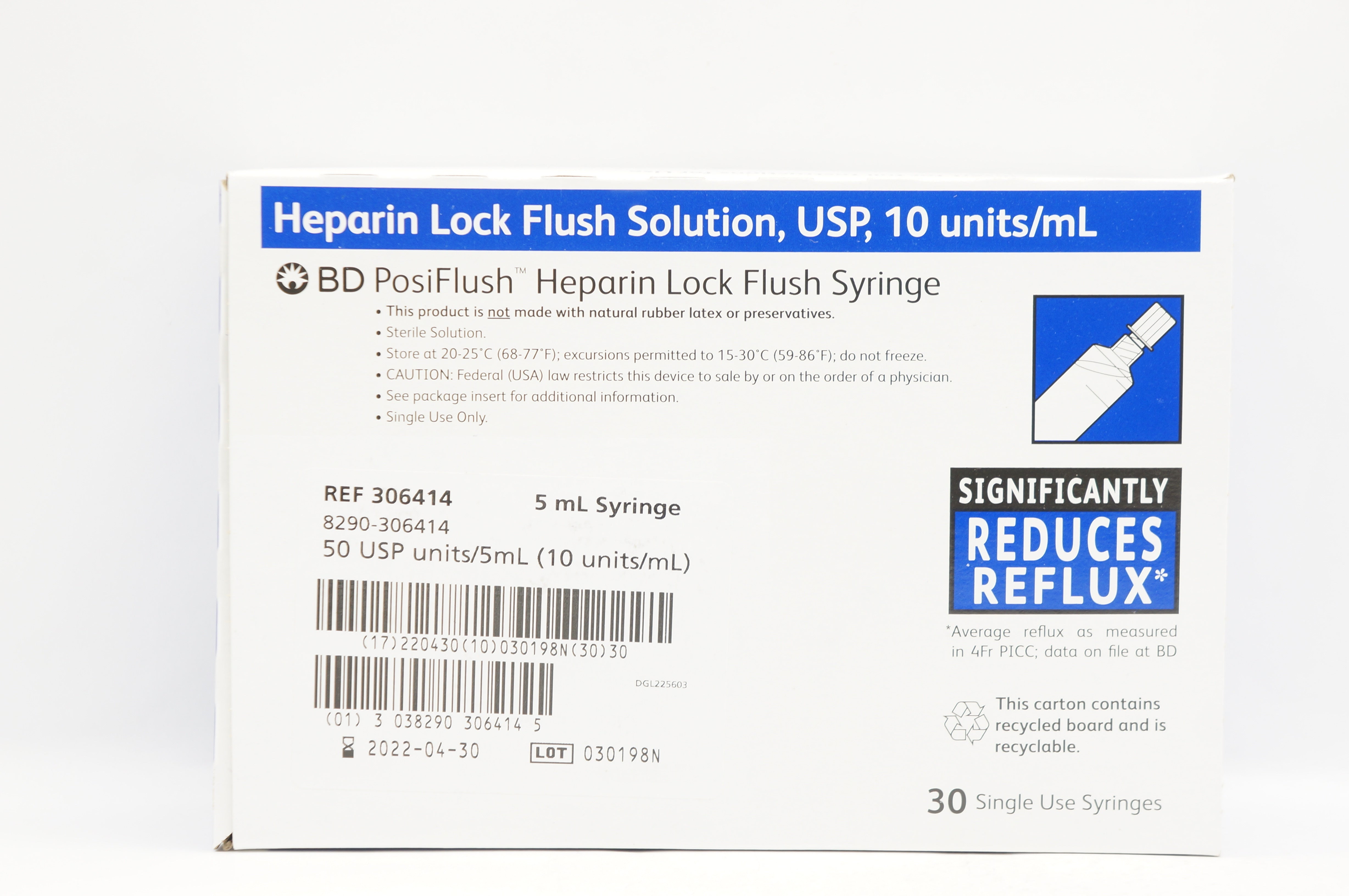 BD 306414 PosiFlush Heparin Lock Flush Syringe & Lock Flush Solution - Box of 30