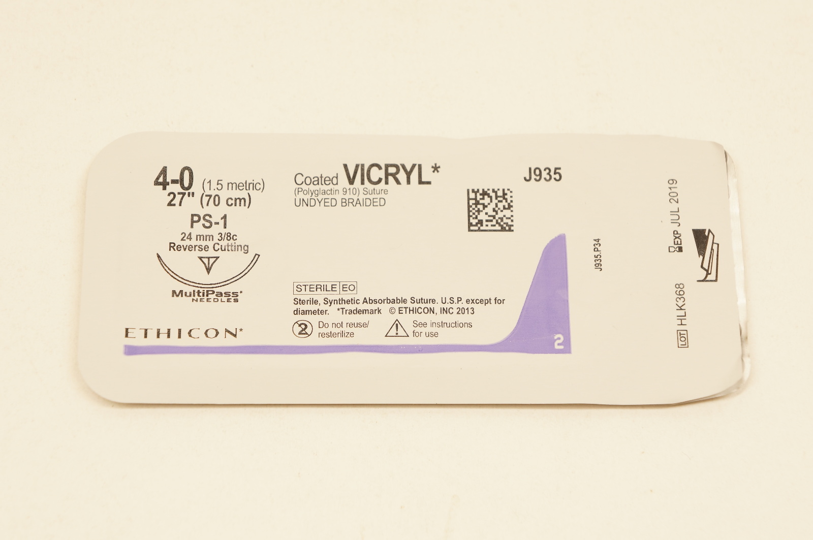 Ethicon J935 4-0 VICRYL, PS-1, 24mm 3/8c Reverse Cutting, 27inch (x)