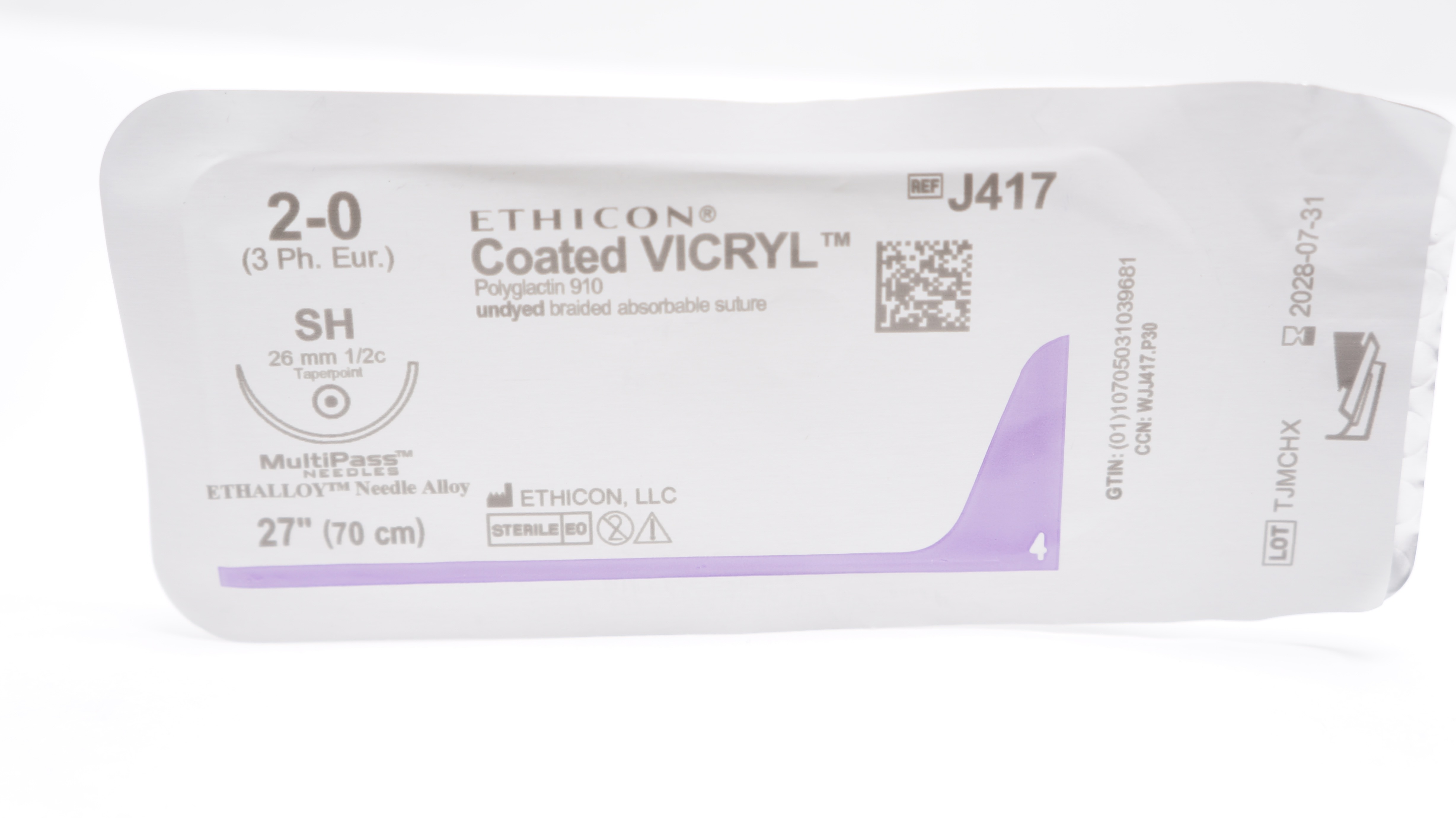 Ethicon J417 2-0 Coated VICRYL Polyglactin Stre SH 26mm 1/2c Taperpoint 27inch
