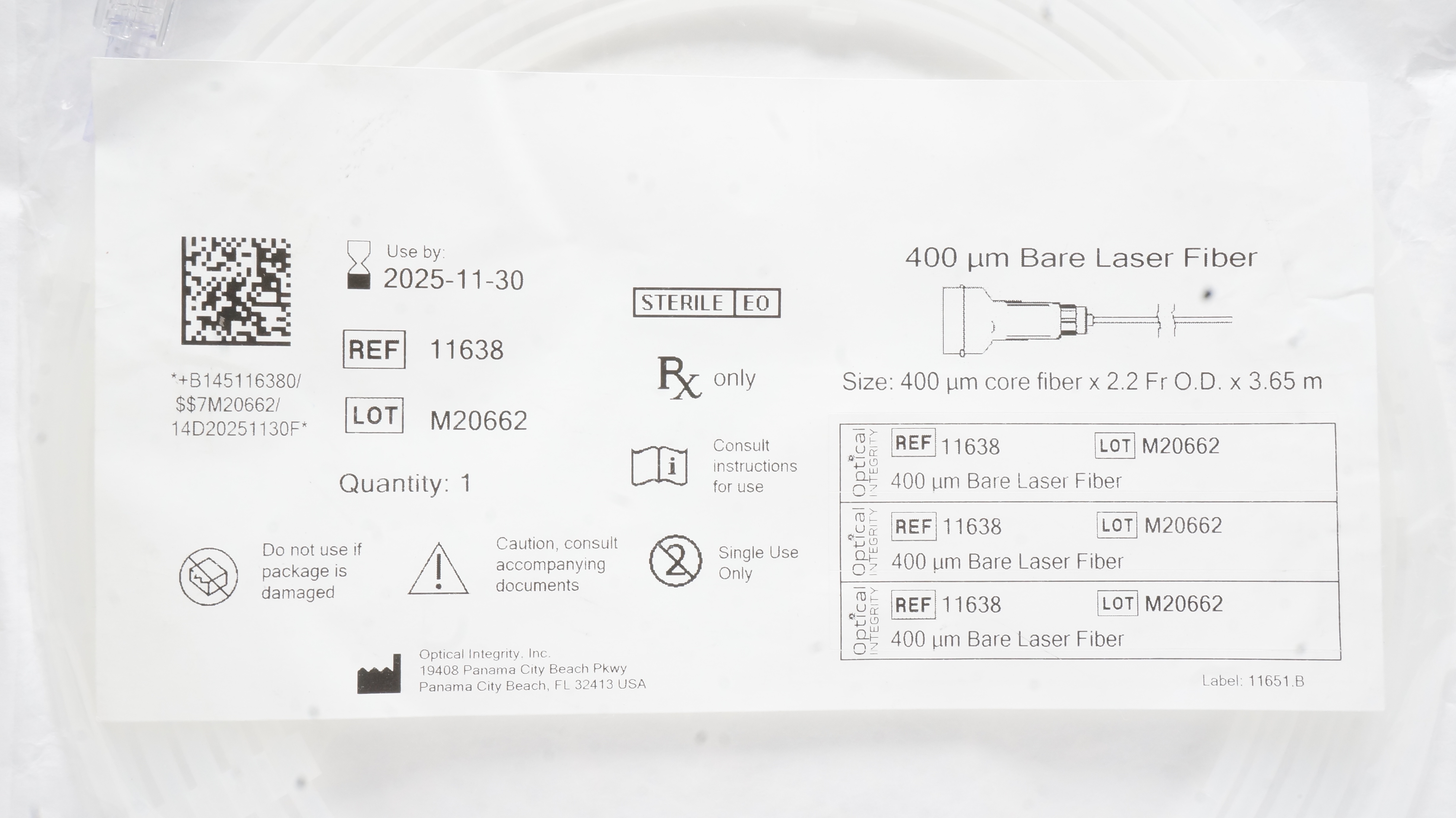 Optical Integrity 11638 Bare Laser Fiber 400 x 2.2Fr OD x 3.65m