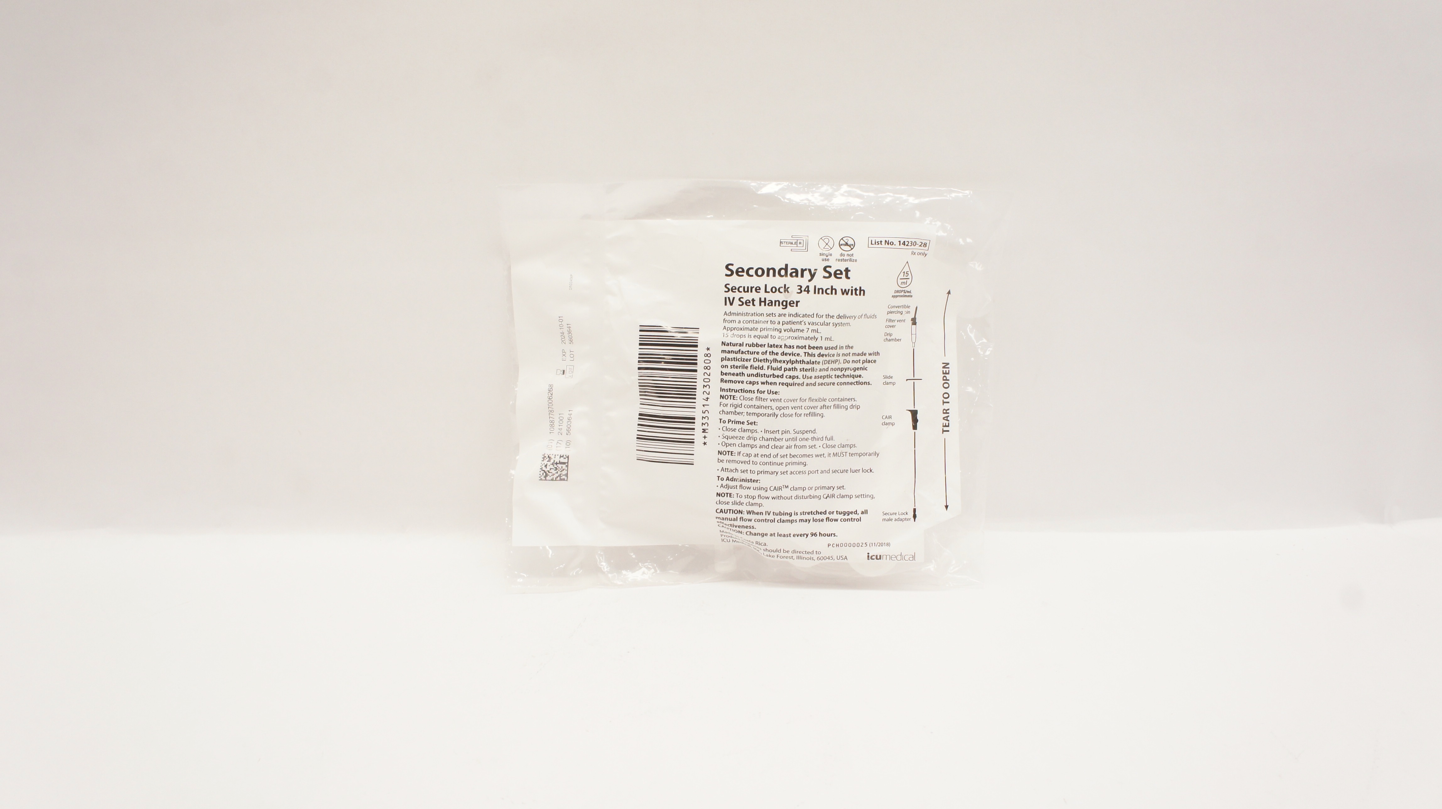 ICU Medical 14230-28 Secondary Set Secure Lock 34inch w/IV Set Hanger15 Drops/mL