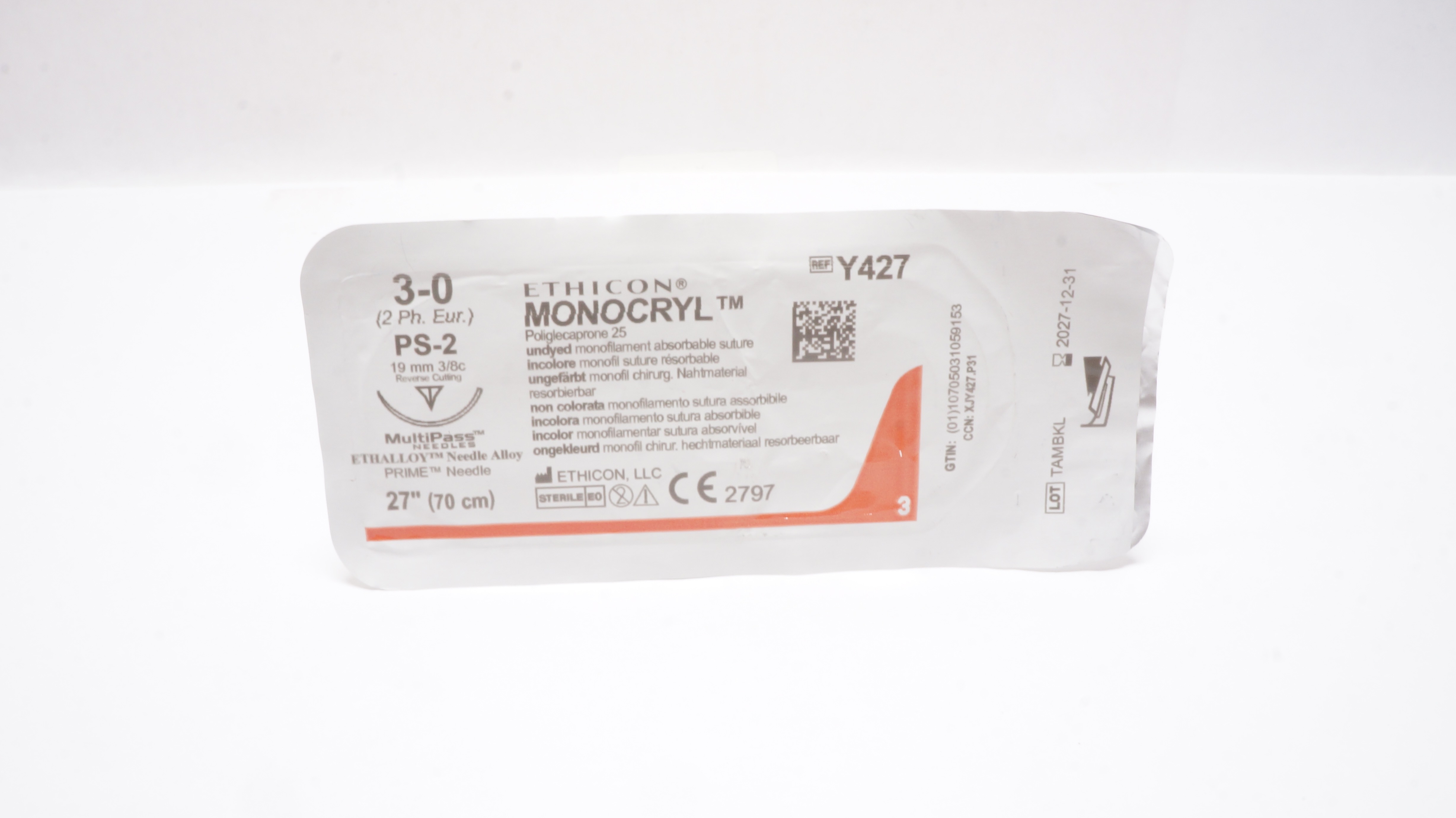 Ethicon Y427 3-0 MONOCRYL Undyed PS-2 19mm 3/8c Reverse Cutting 27inch