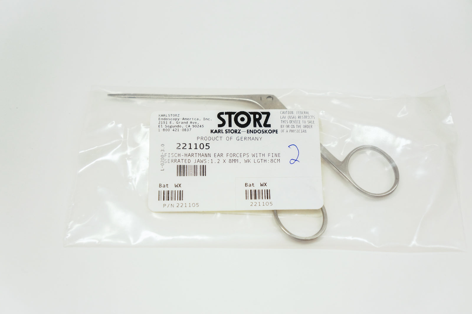 Karl Storz 221105 FISCH-HARTMANN Ear Forceps, Delicate, Serrated, 1.2 x 8 mm