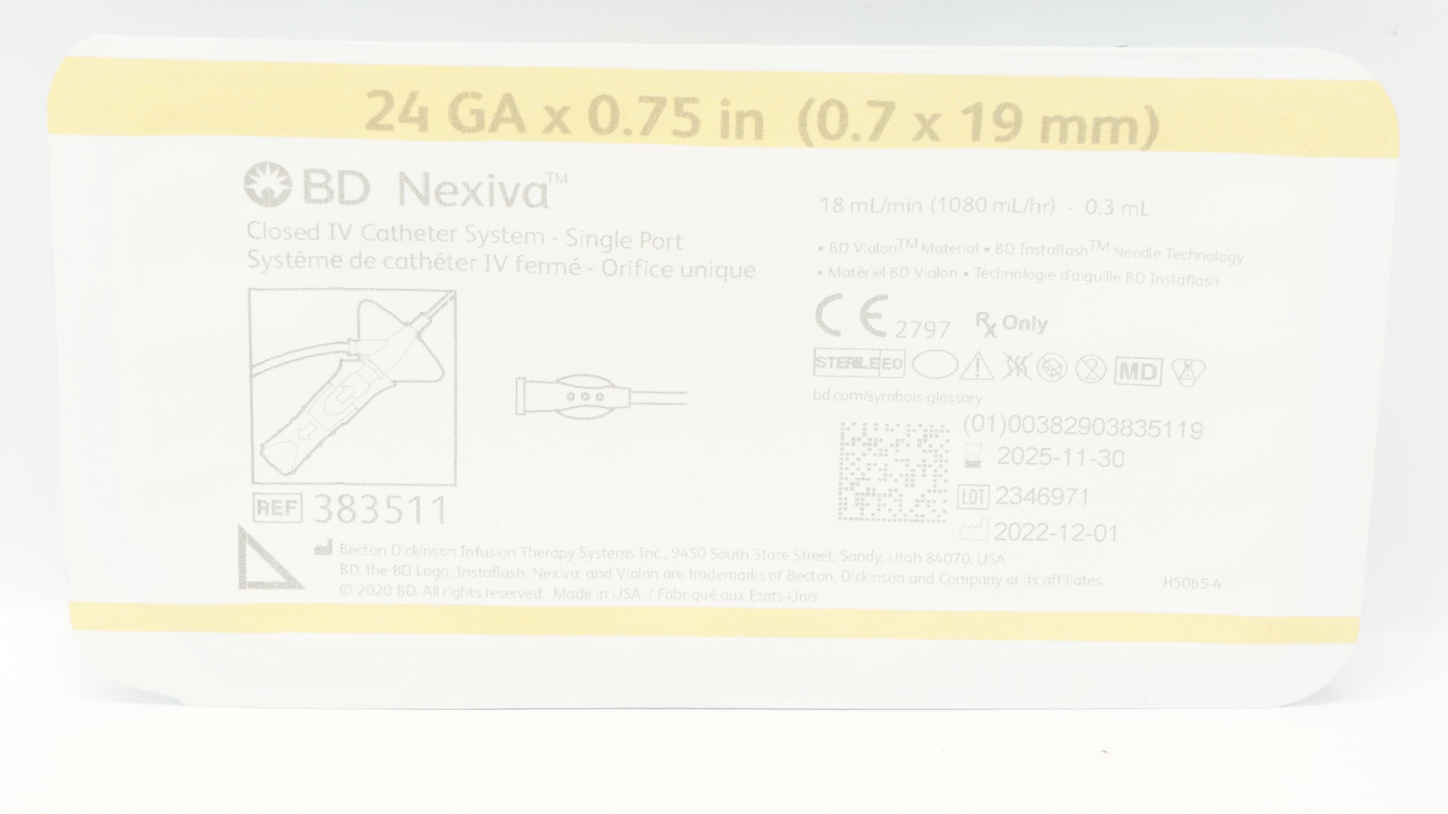 BD 383511 Nexiva Closed IV Cath. System-Single Port 24GA x 0.75inch 18mL/min