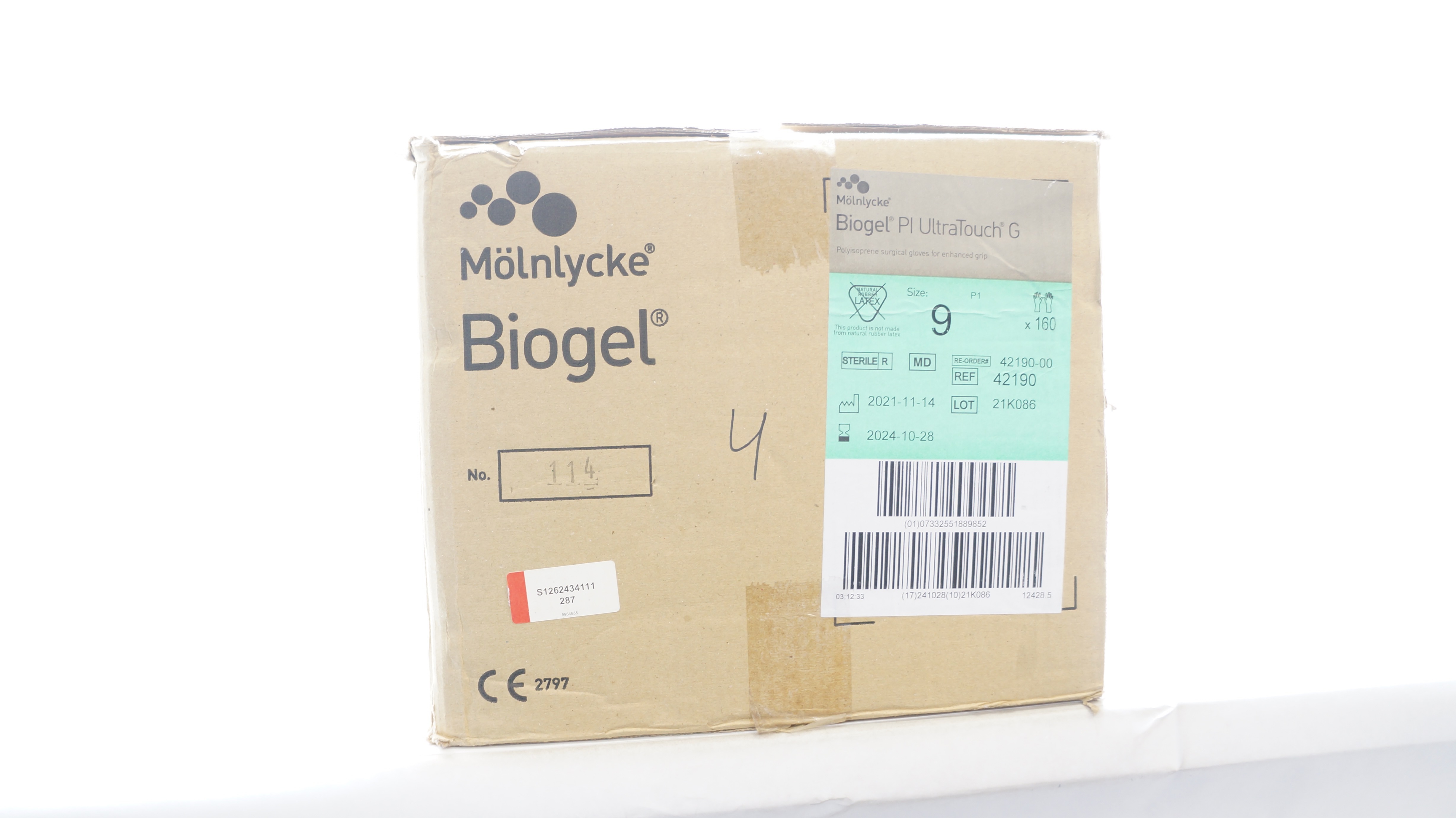 Molnlycke 42190 Biogel Pl UltraTouch G Surgical Gloves Size 9 - Box of 160