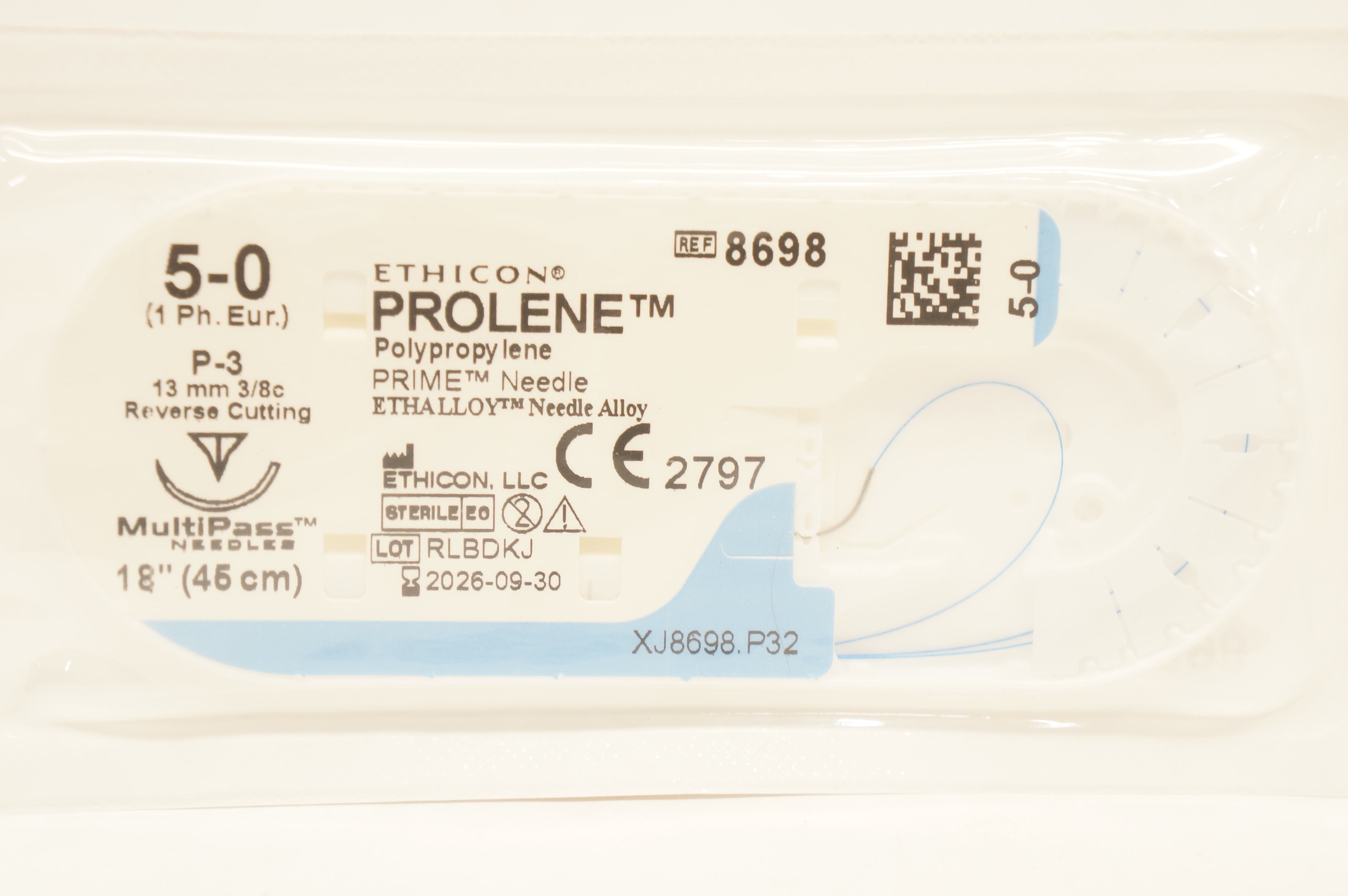 Ethicon 8698 5-0 PROLENE Polypropylene Stre P-3 13mm 3/8c Reverse Cutting 18inch