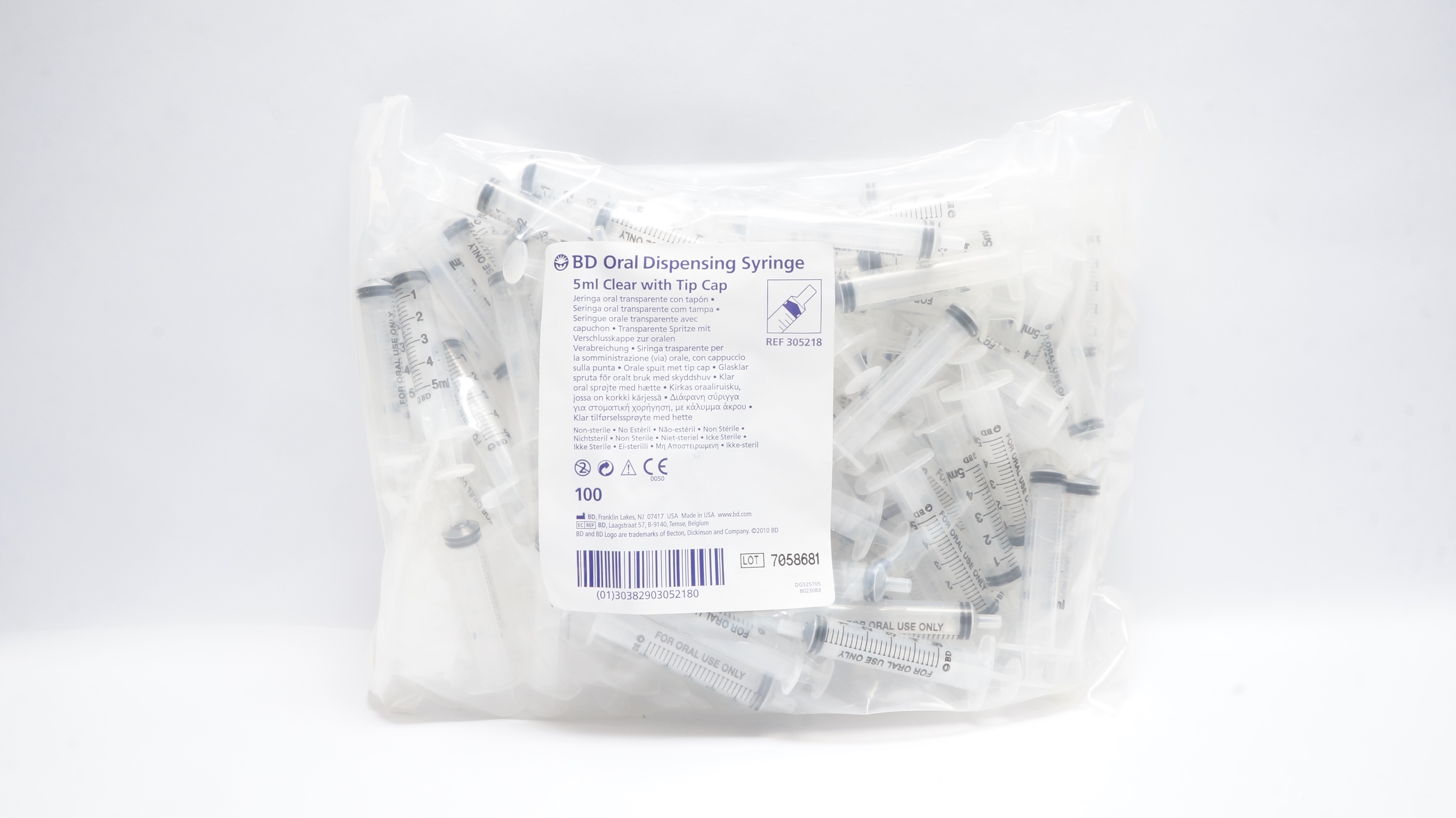 BD 305218 Oral Dispensing Syringe 5ml Clear W/Tip Cap - Pack of 100